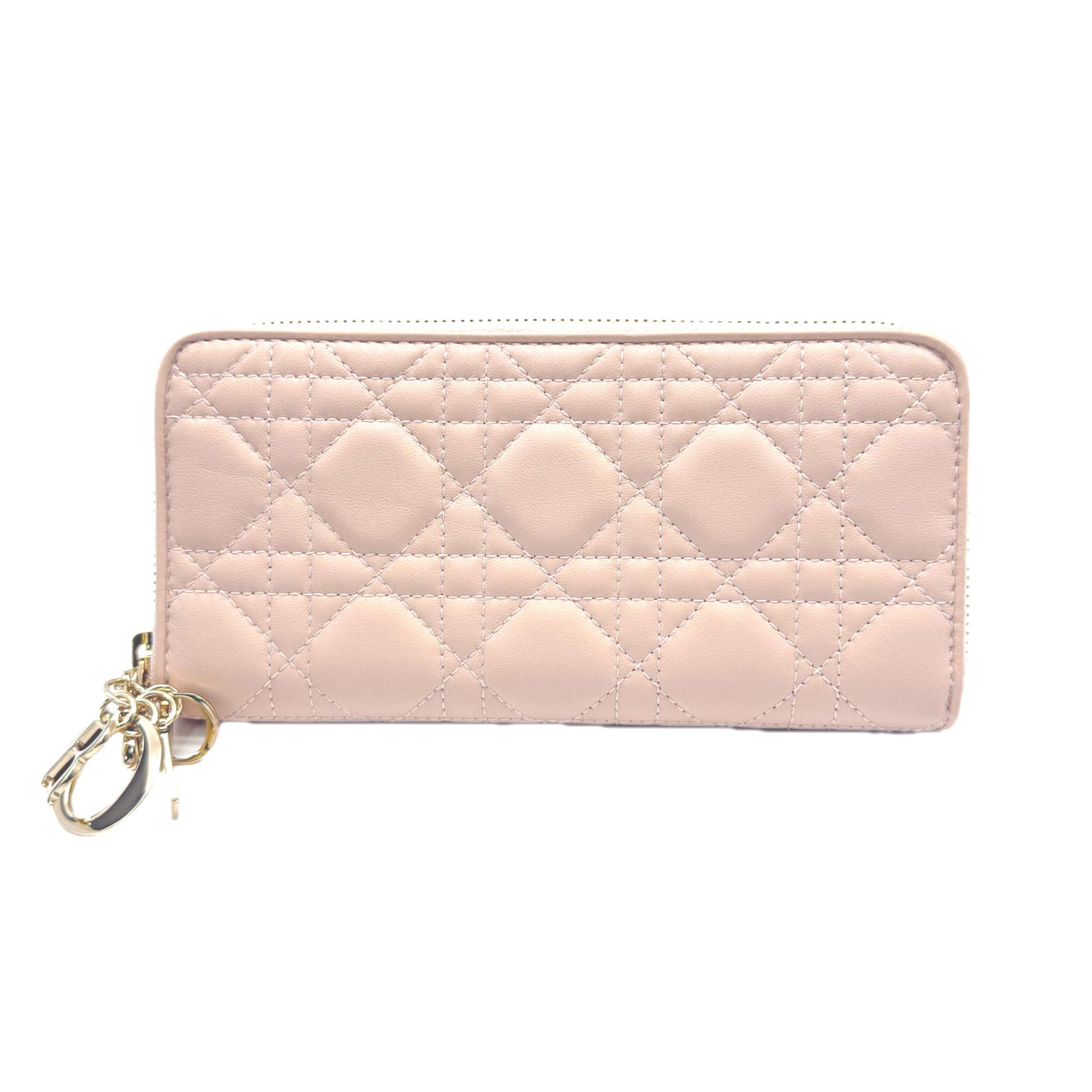 Christian Dior Lady Dior Pink Beige Leather Long Wallet (Bi-Fold) (Pre-Owned)