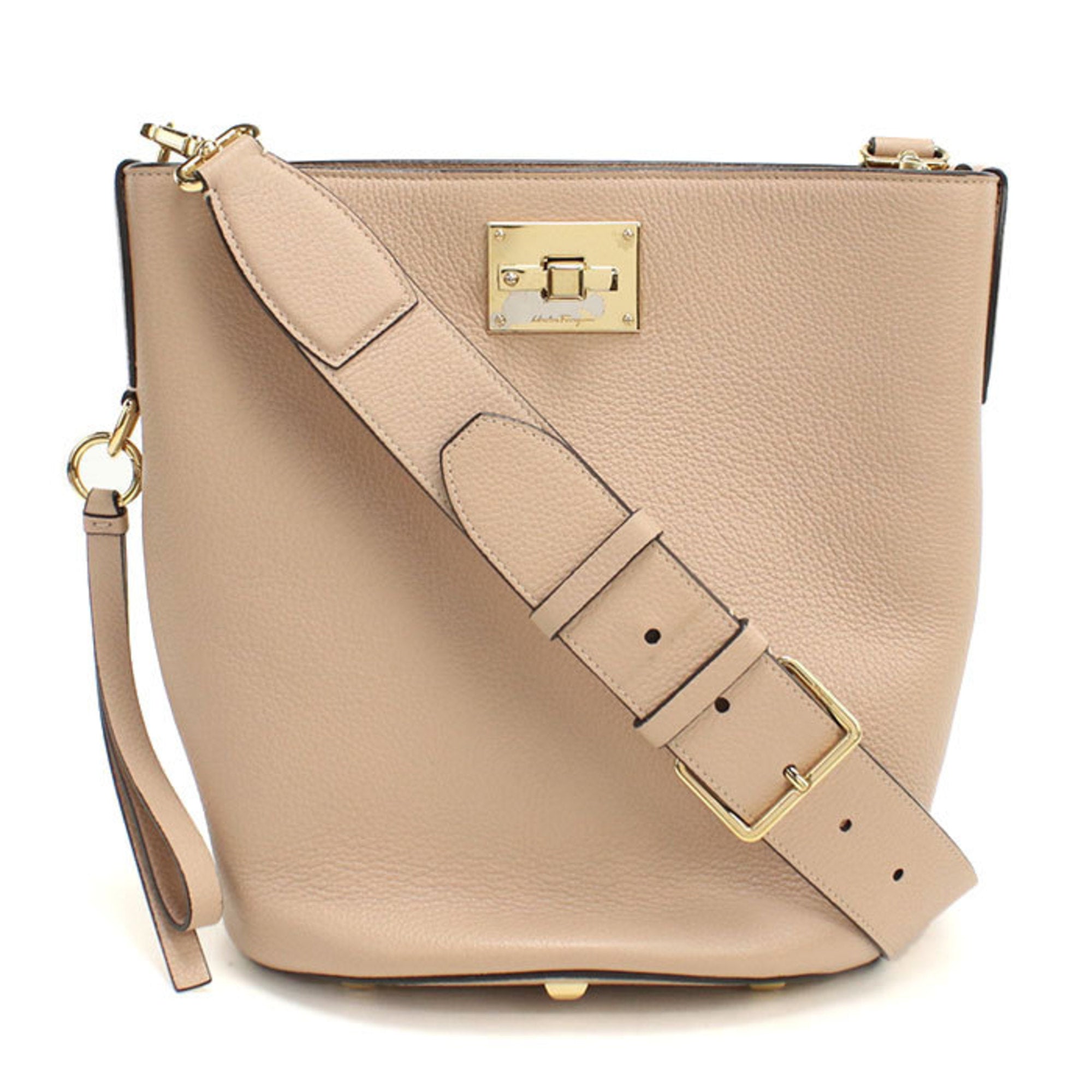 Salvatore Ferragamo Gancini Beige Leather Shoulder Bag (Pre-Owned)