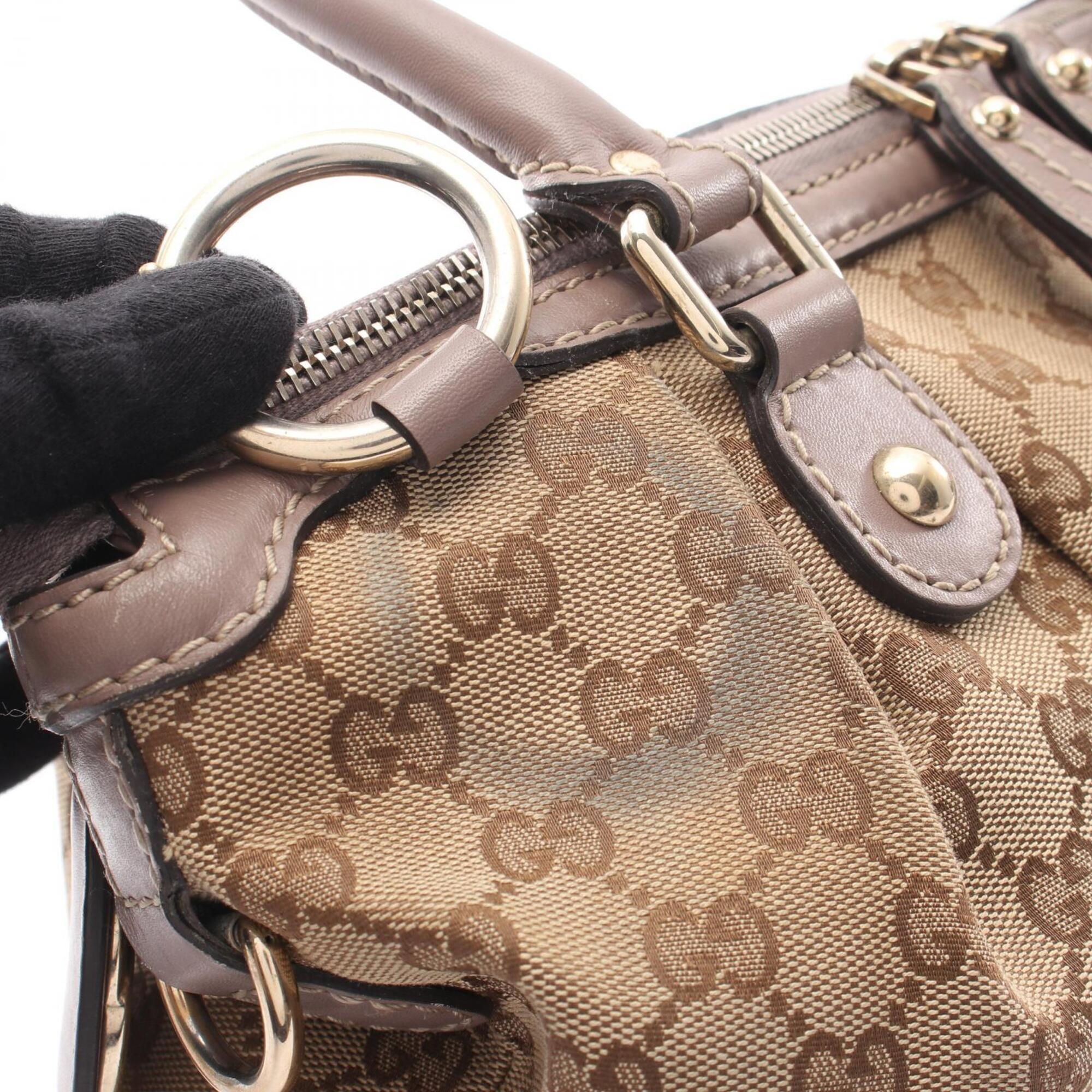 Gucci Beige Gray Canvas Leather Handbag (Pre-Owned)
