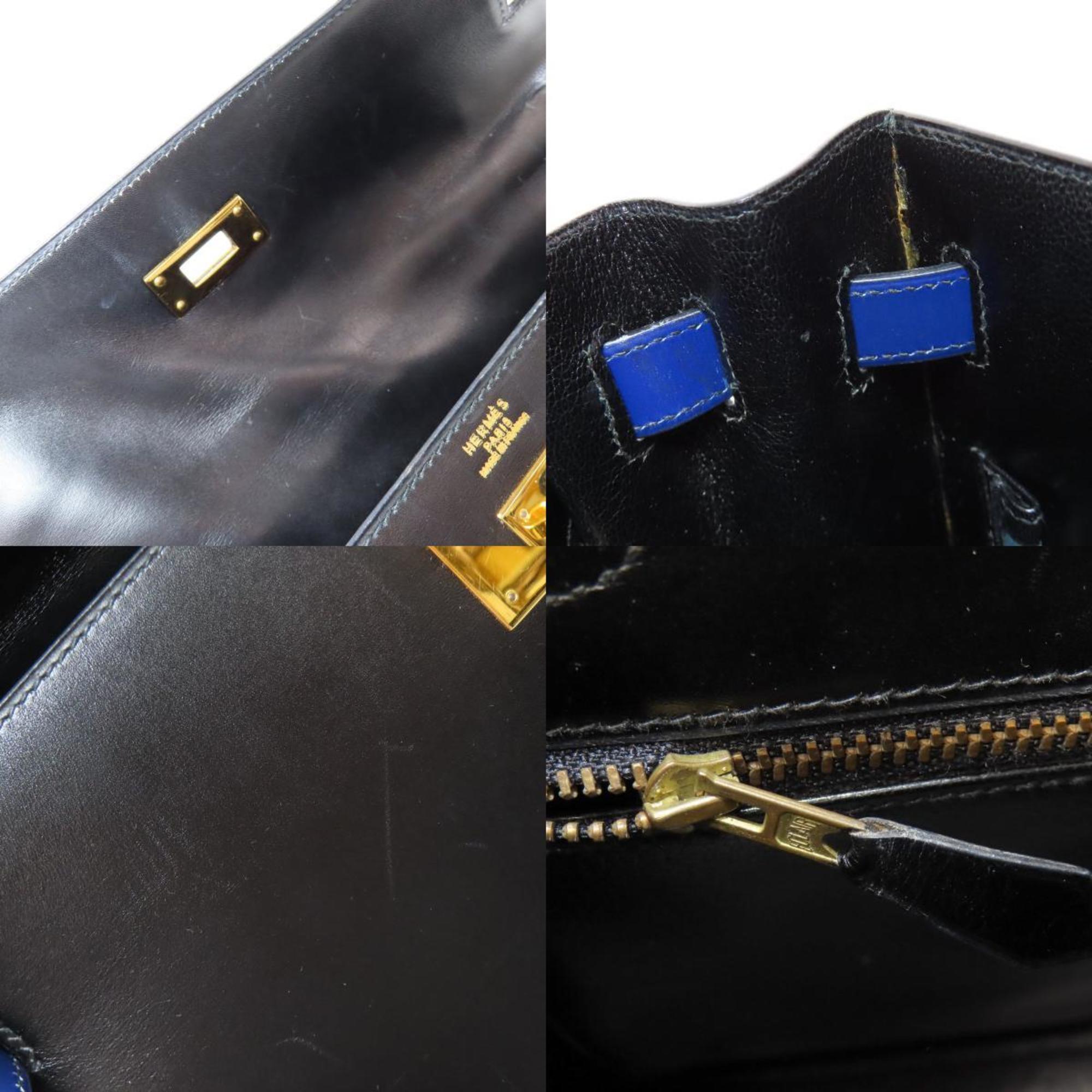 Hermes Kelly Black Bleu Saphir Box Calf Leather Handbag (Pre-Owned)
