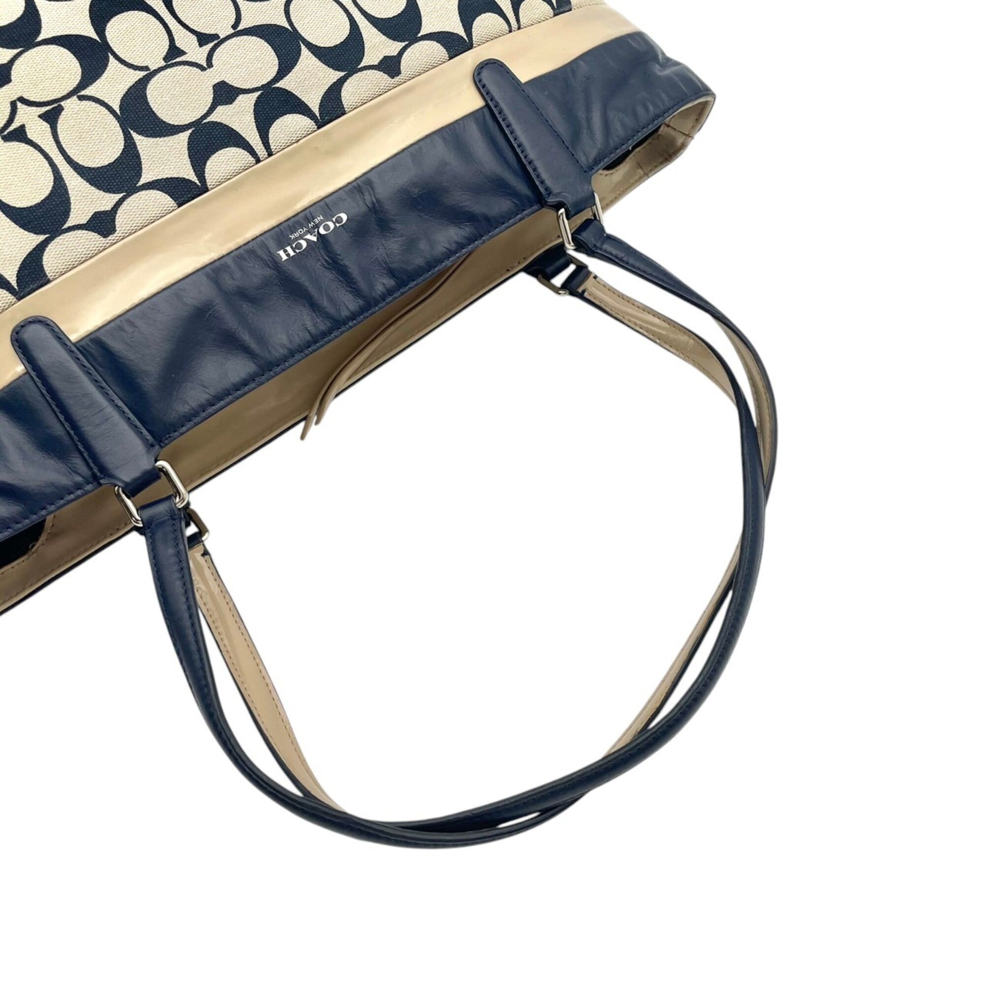 Coach Beige Navy Canvas Leather Handbag Tote Bag (Pre-Owned)