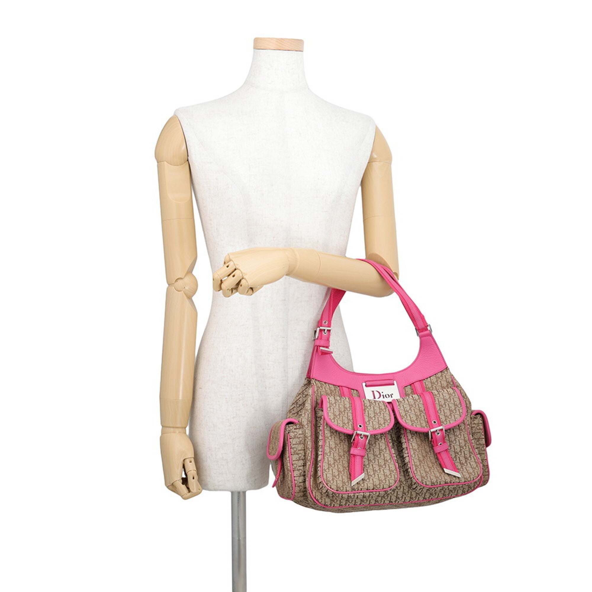 Christian Dior Brown Pink Canvas Leather Handbag Tote Bag (Pre-Owned)
