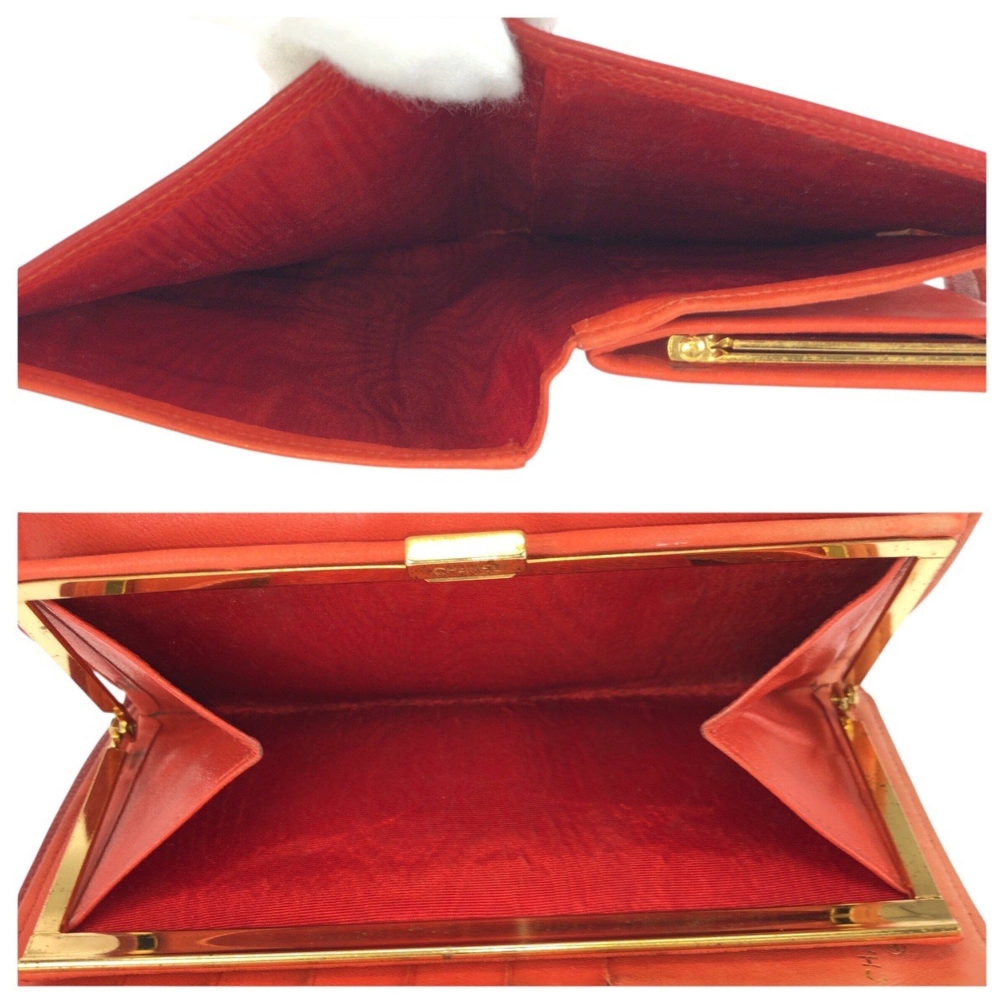 Chanel Red Color Grained Calfskin Middle Wallet (Bi-Fold) (Pre-Owned)