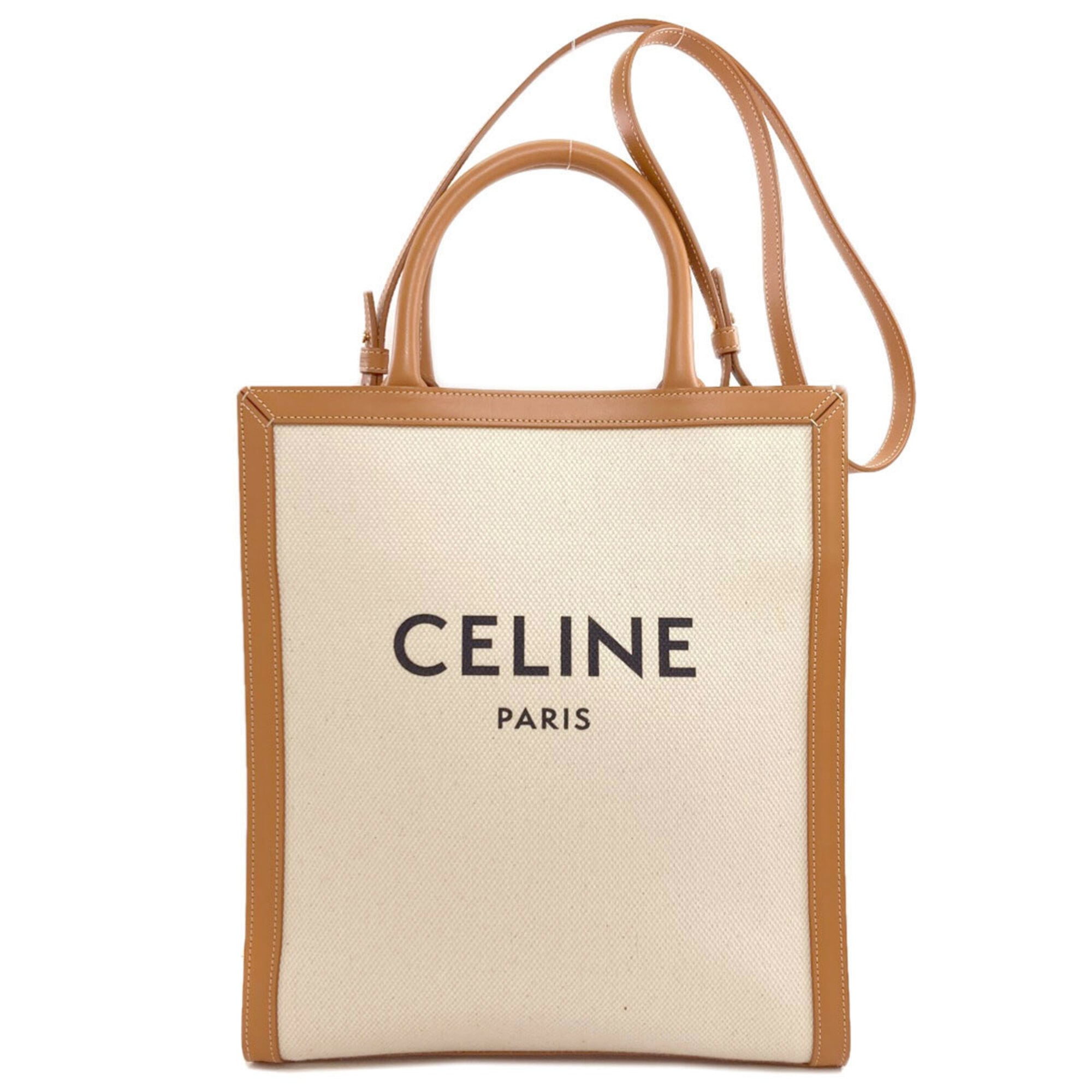 Celine Beige White Canvas Leather Handbag (Pre-Owned)