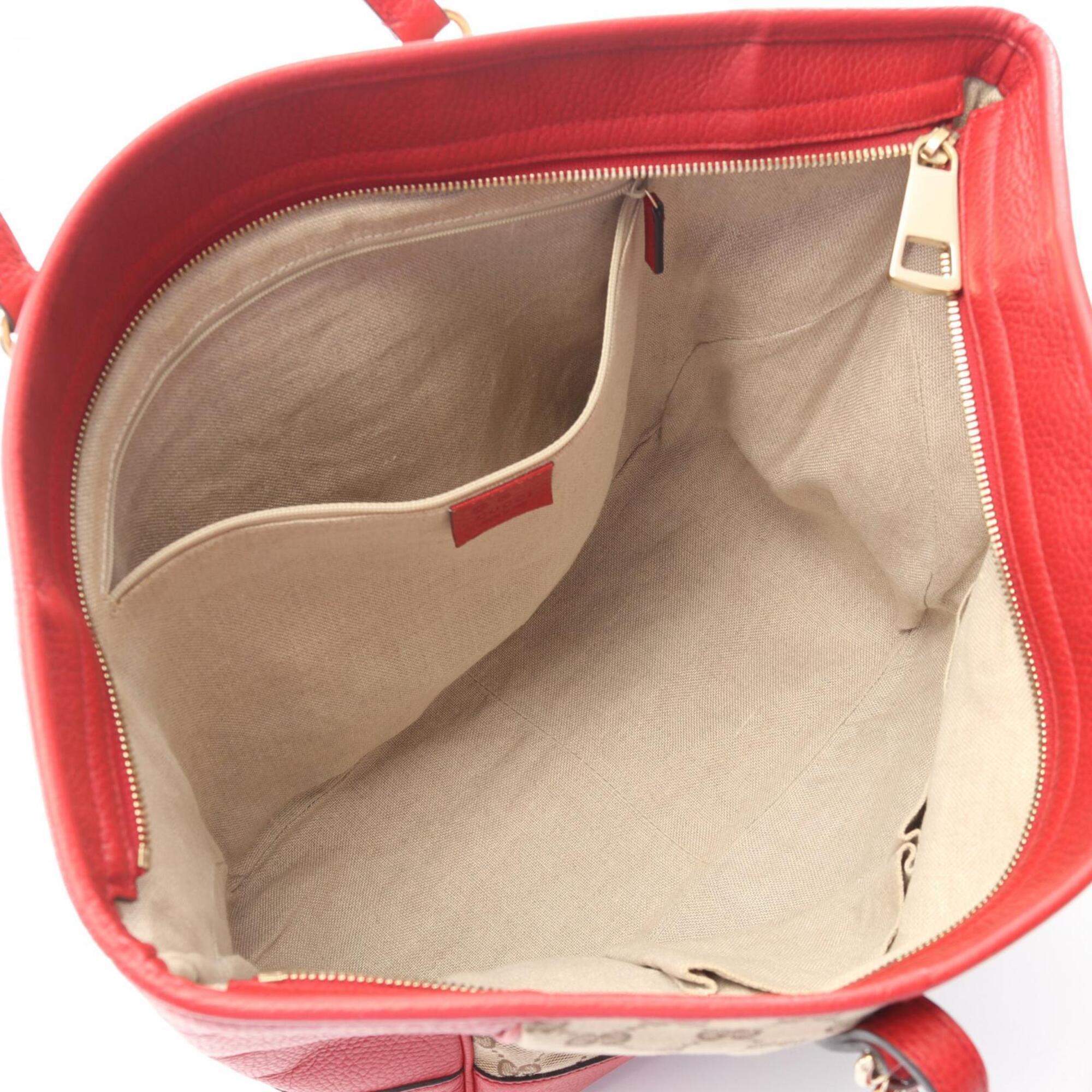Gucci Beige Red Color Canvas Leather Handbag Tote Bag (Pre-Owned)