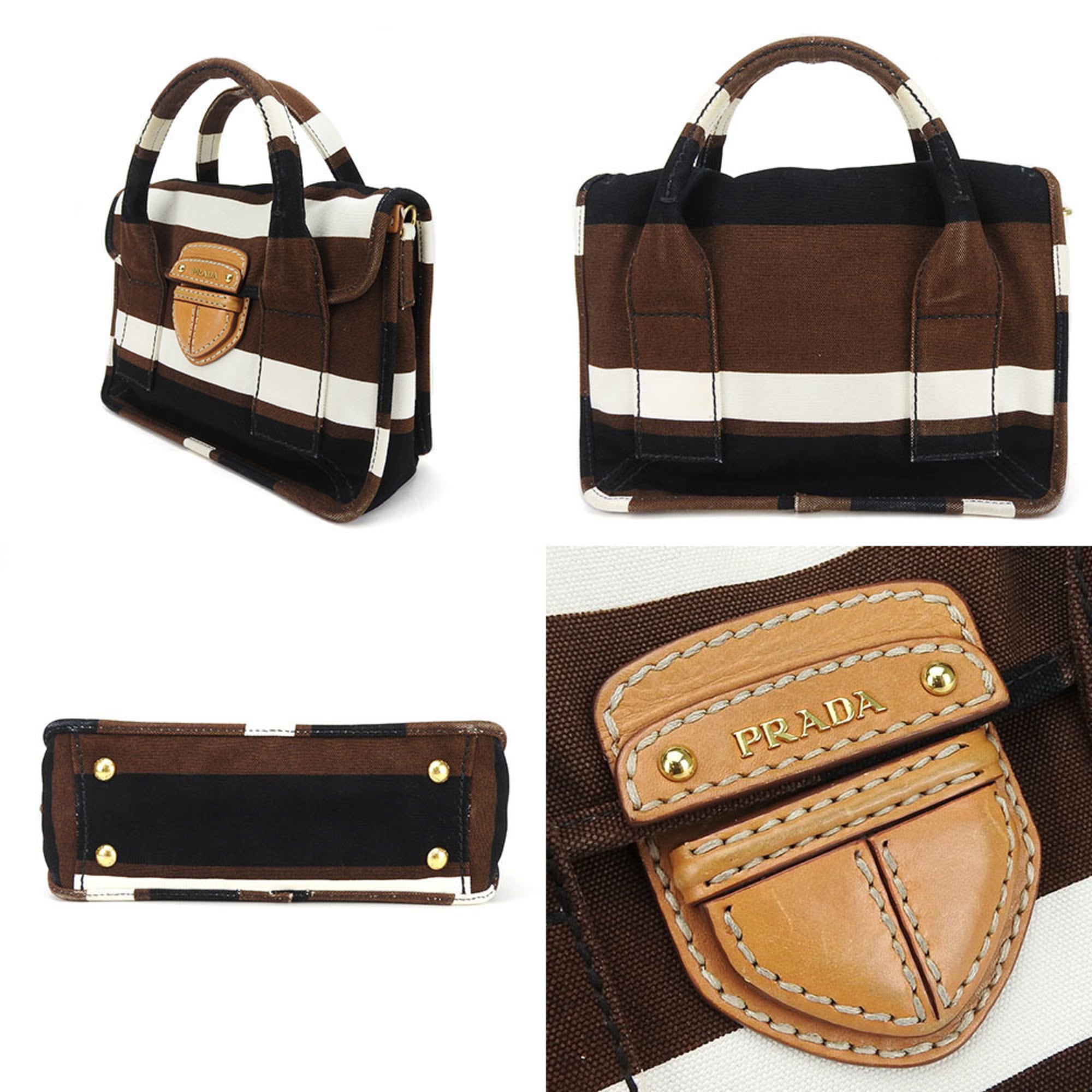 Prada Black Brown White Canvas Handbag (Pre-Owned)