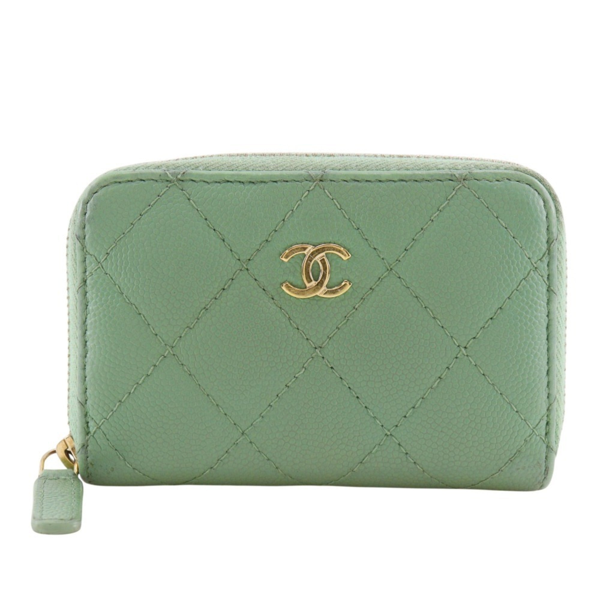 Chanel Gold Green Grained Calfskin Coin Purse/Coin Case (Pre-Owned)