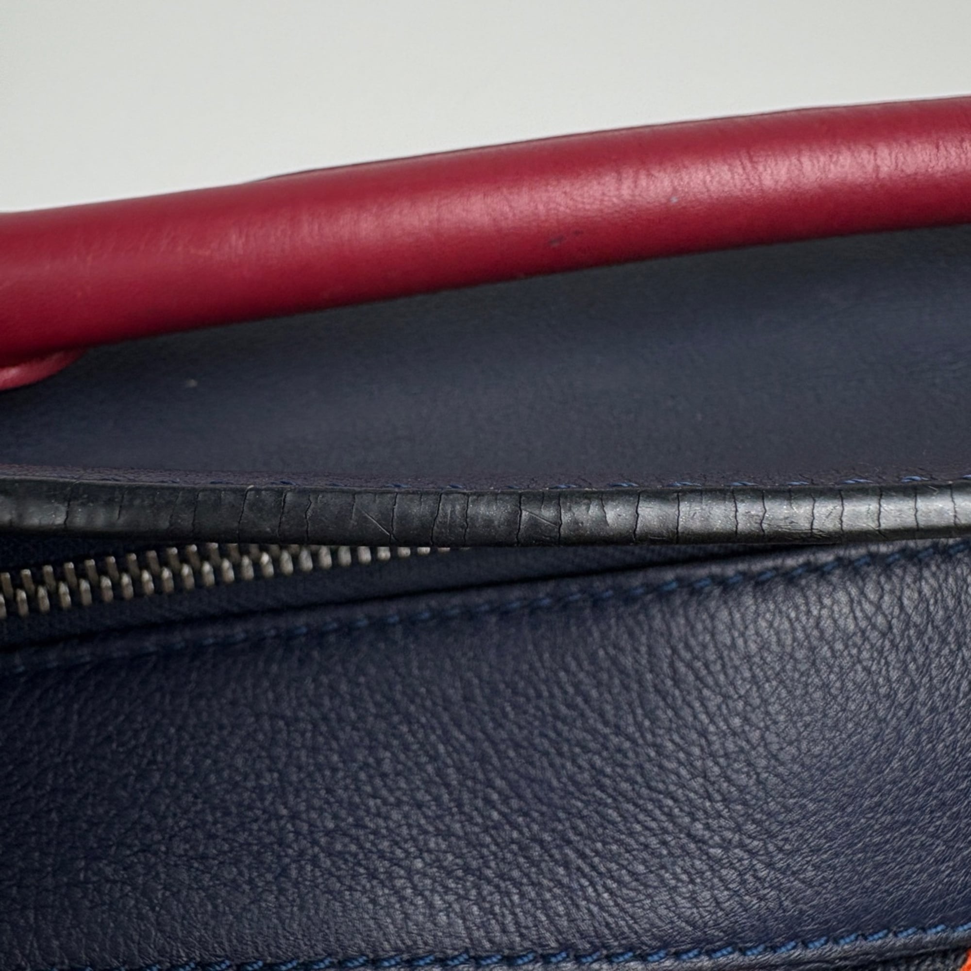 Loewe Navy Red Color Leather Canvas Handbag (Pre-Owned)