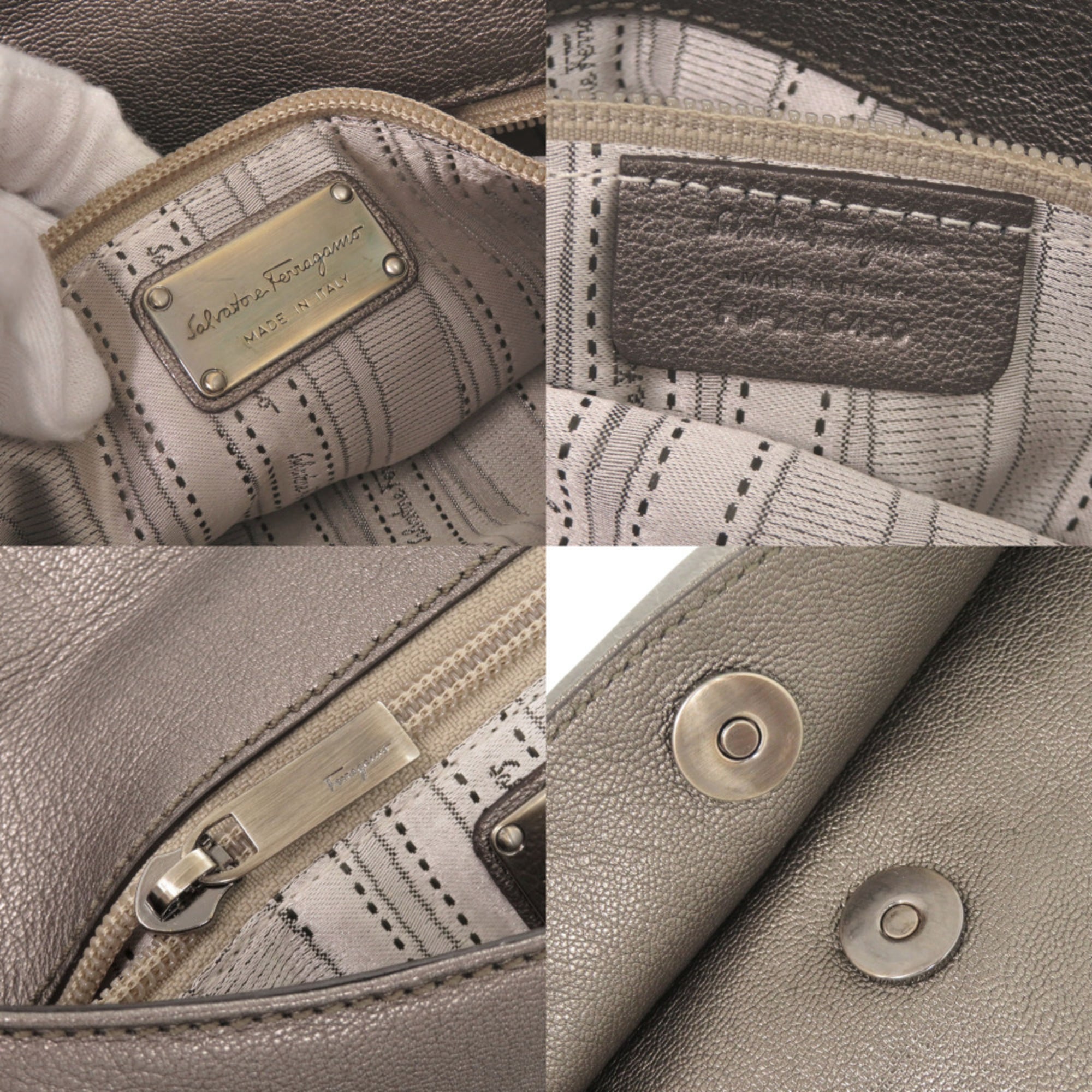Salvatore Ferragamo Metallic Gray Leather Handbag Shoulder Bag (Pre-Owned)