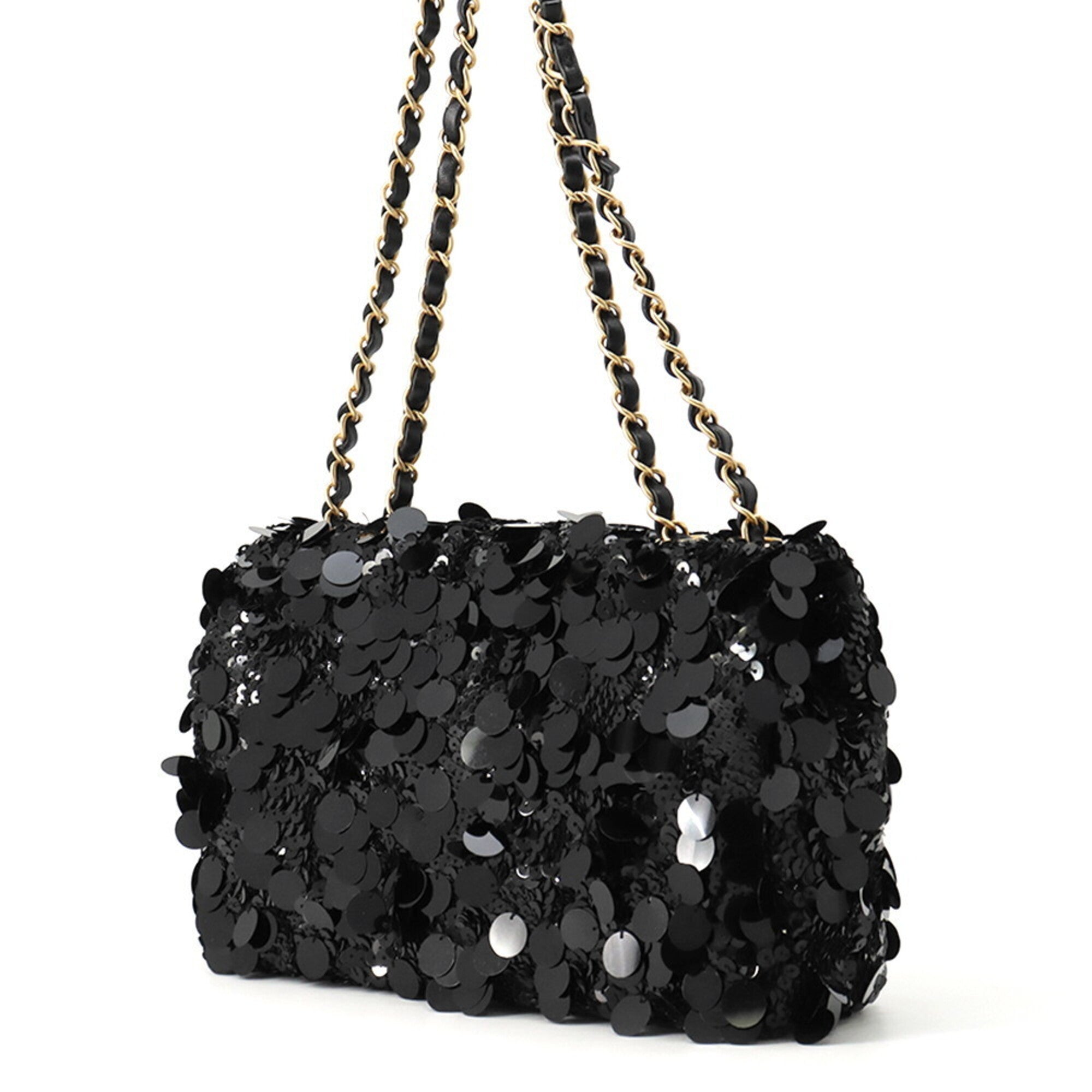 Chanel Matelasse Black Satin Leather Spangles Handbag Shoulder Bag (Pre-Owned)