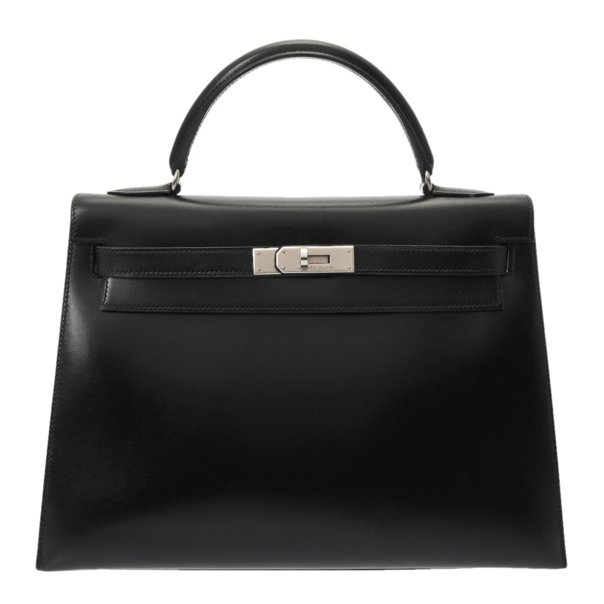 Hermes Kelly Black Matte Silver Box Calf Leather Shopping Bag (Pre-Owned)