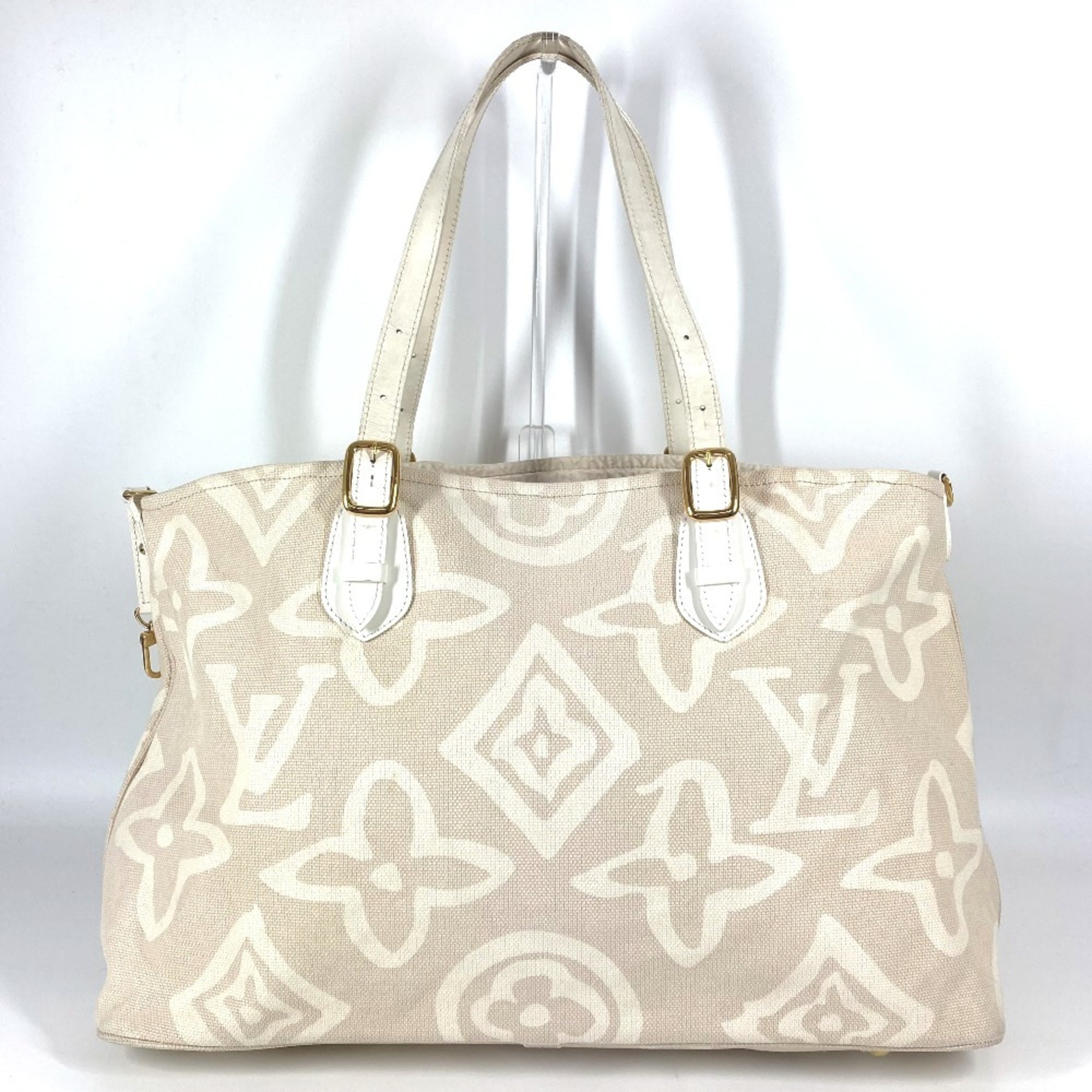 Louis Vuitton Beige Leather Canvas Shoulder Bag Tote Bag (Pre-Owned)