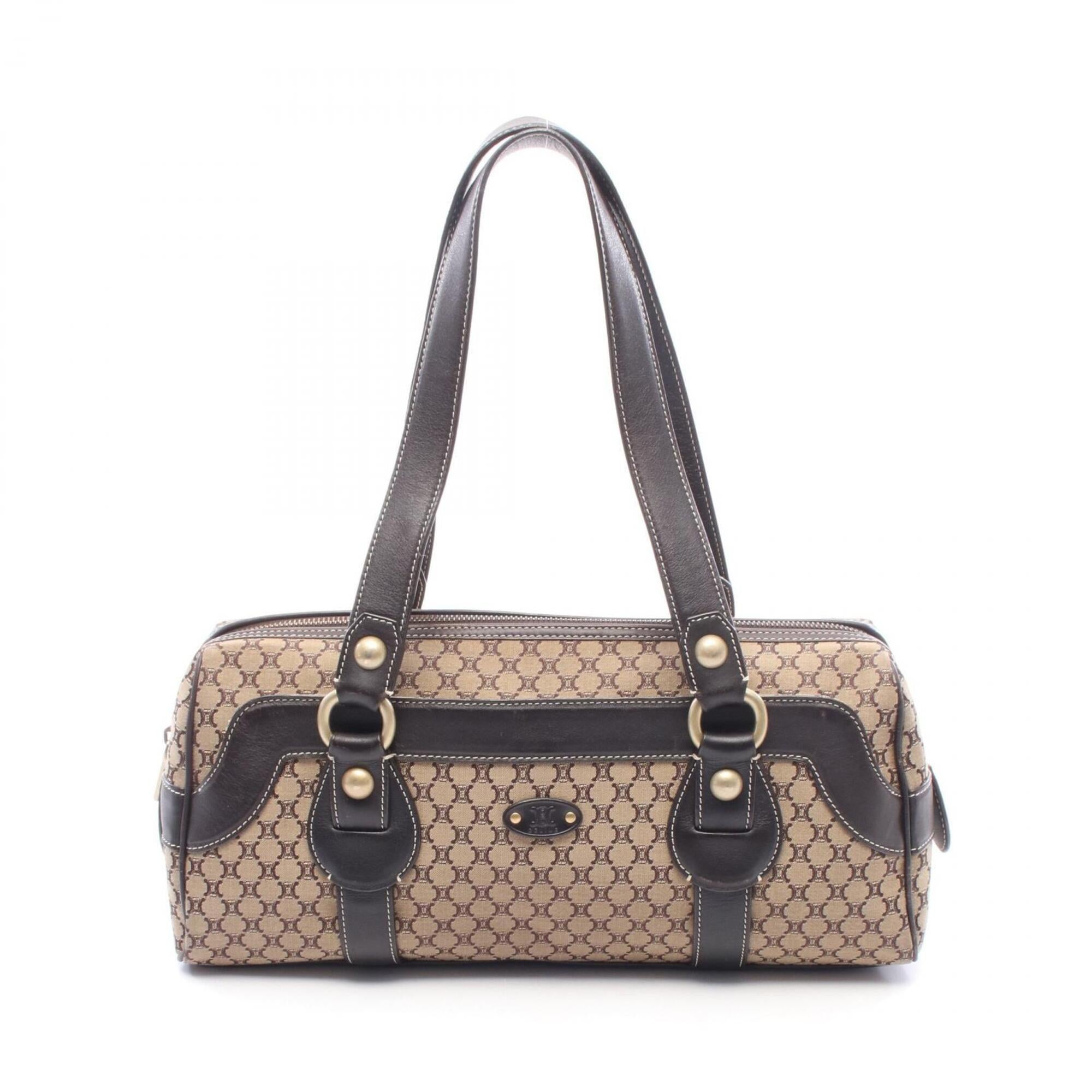 Celine Beige Brown Canvas Leather Boston Bag Handbag Shoulder Bag (Pre-Owned)