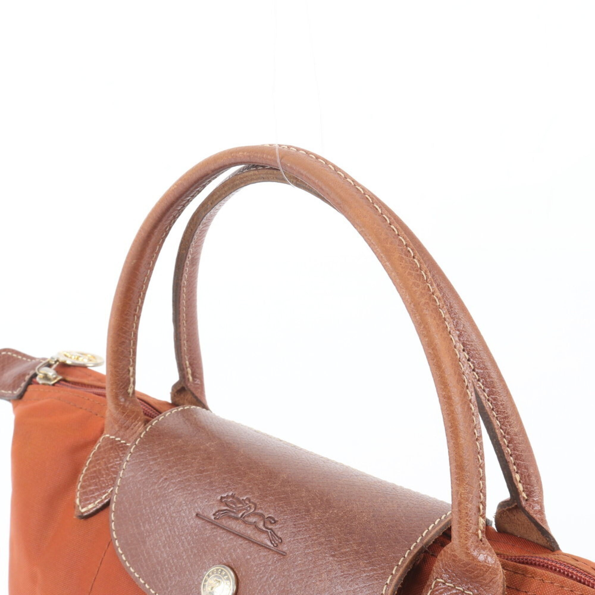 Longchamp Brown Orange Leather Nylon Handbag Shoulder Bag Tote Bag (Pre-Owned)