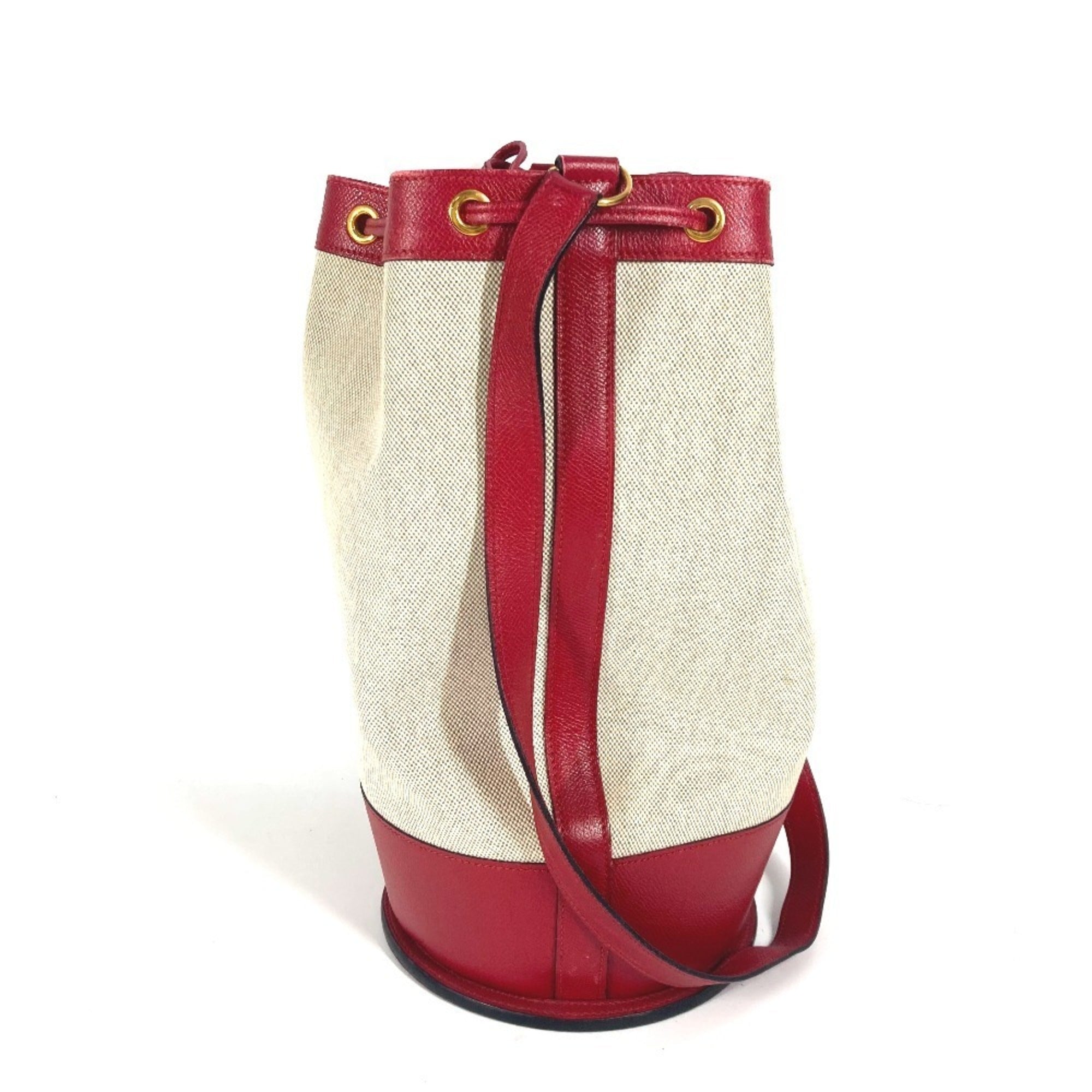 Hermes Beige Red Color Leather Canvas Shoulder Bag (Pre-Owned)