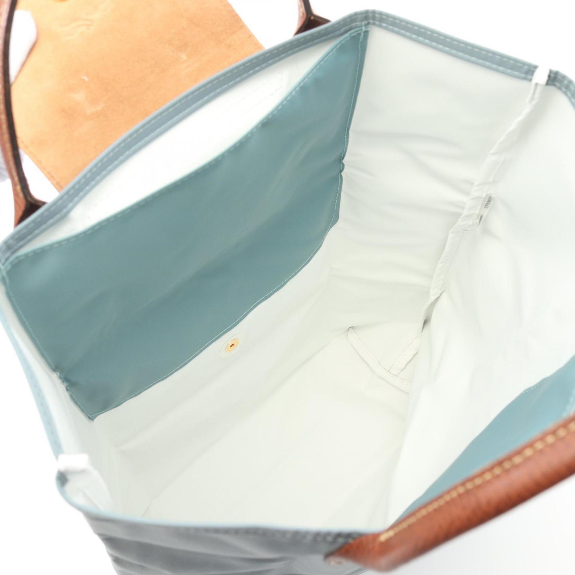 Longchamp Brown Green Light Blue Light Blue Green Fabric Leather Shopping Bag Tote Bag (Pre-Owned)