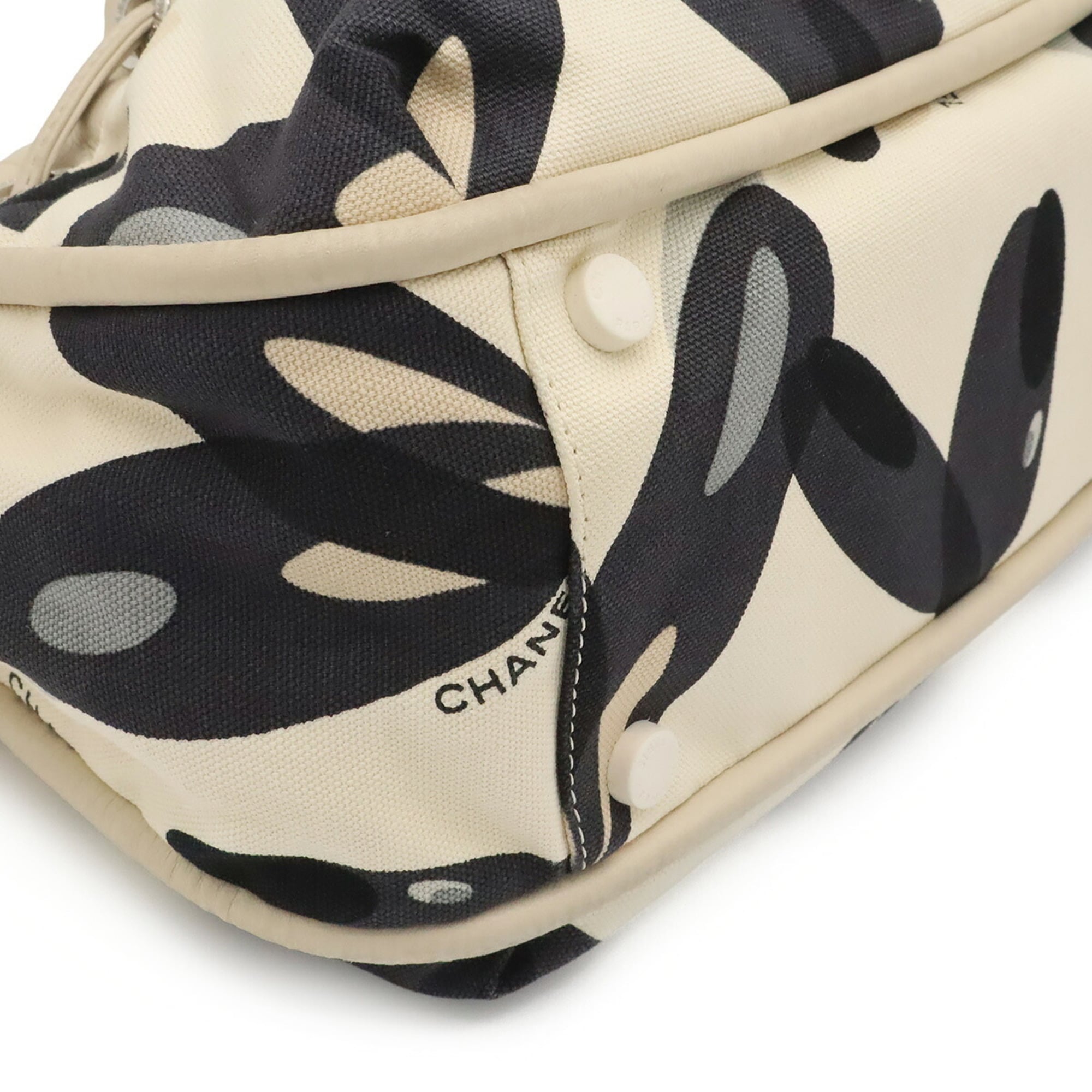 Chanel Black Gray Ivory Canvas Shoulder Bag Tote Bag (Pre-Owned)