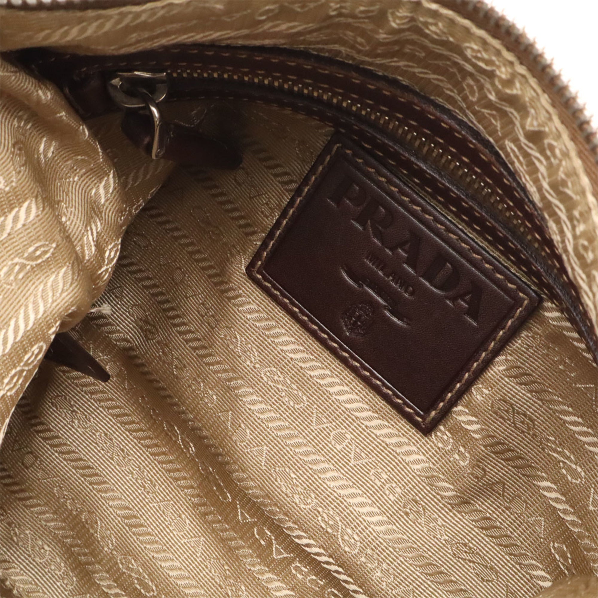 Prada Beige Dark Brown Khaki Canvas Leather Shoulder Bag (Pre-Owned)