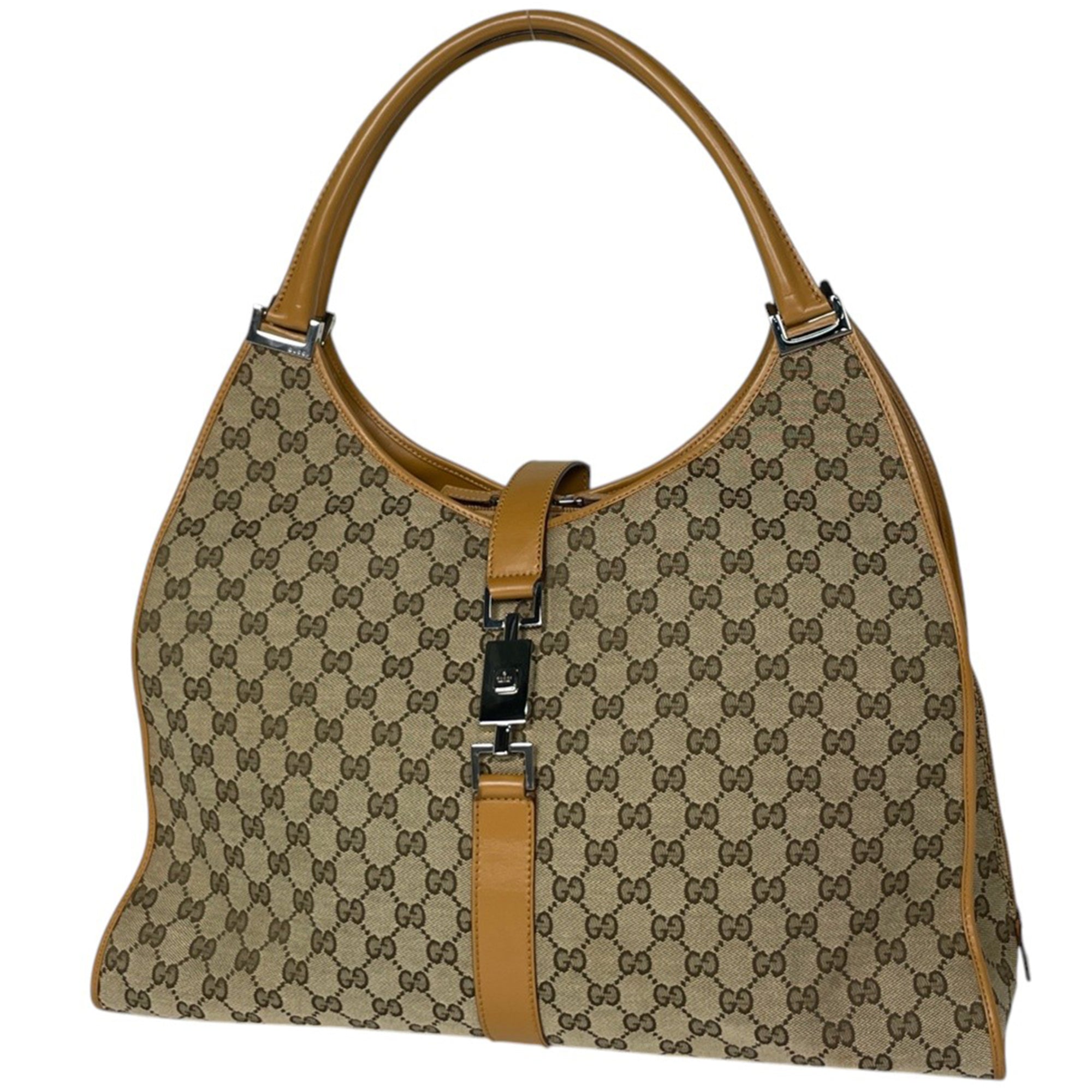 Gucci Beige Brown Gg Canvas Leather Shoulder Bag (Pre-Owned)