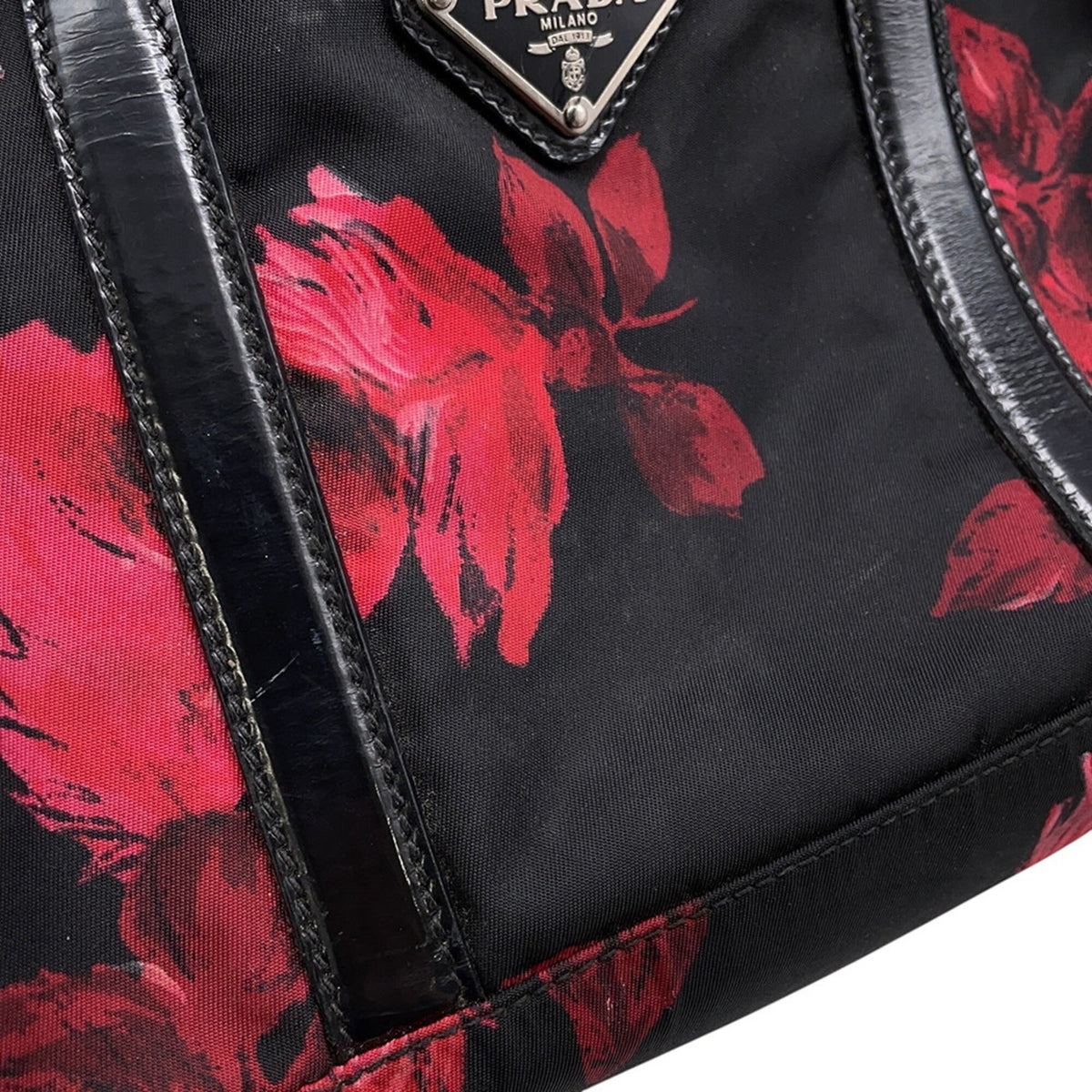 Prada Black Red Color Nylon Leather Handbag (Pre-Owned)