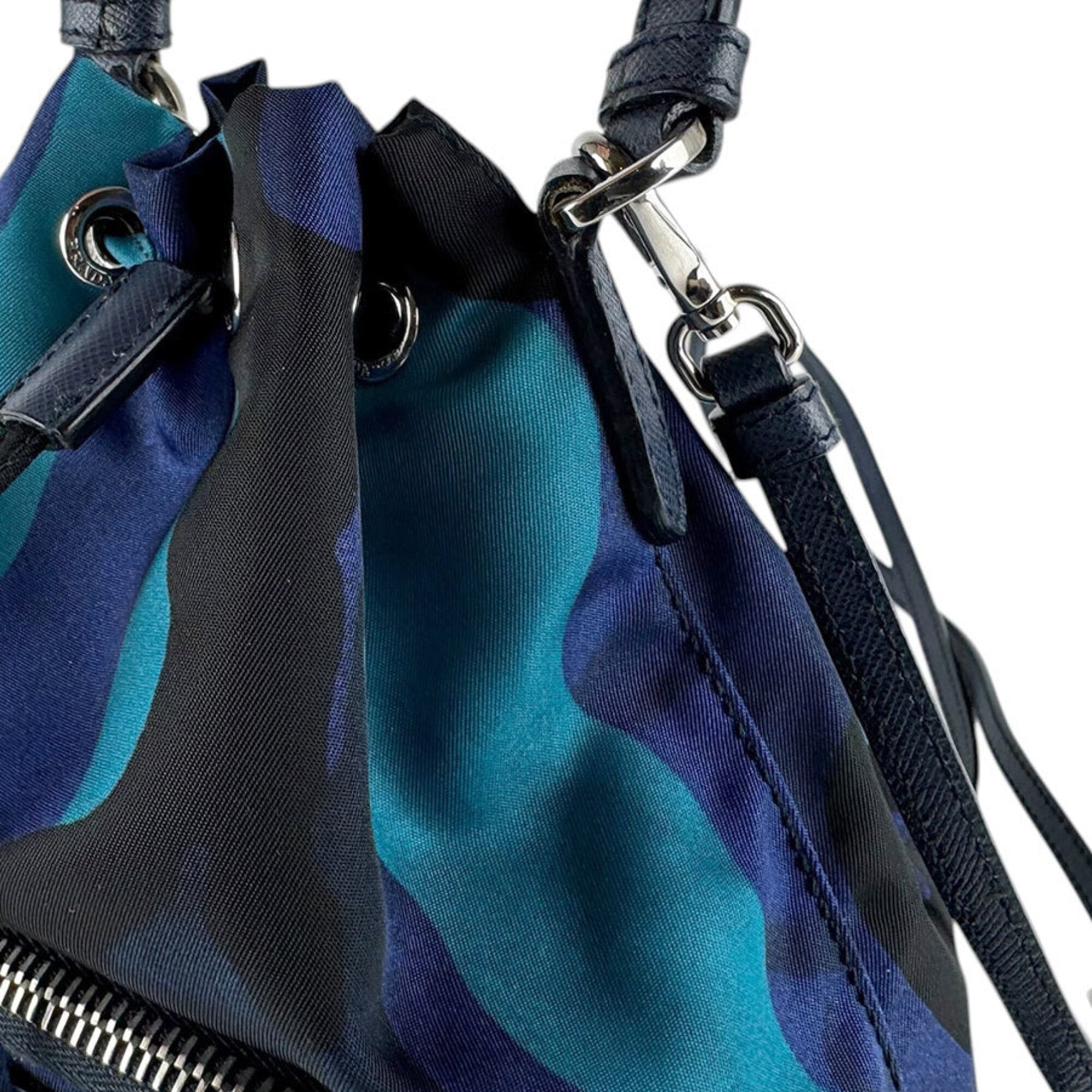 Prada Black Blue Navy Nylon Leather Handbag (Pre-Owned)