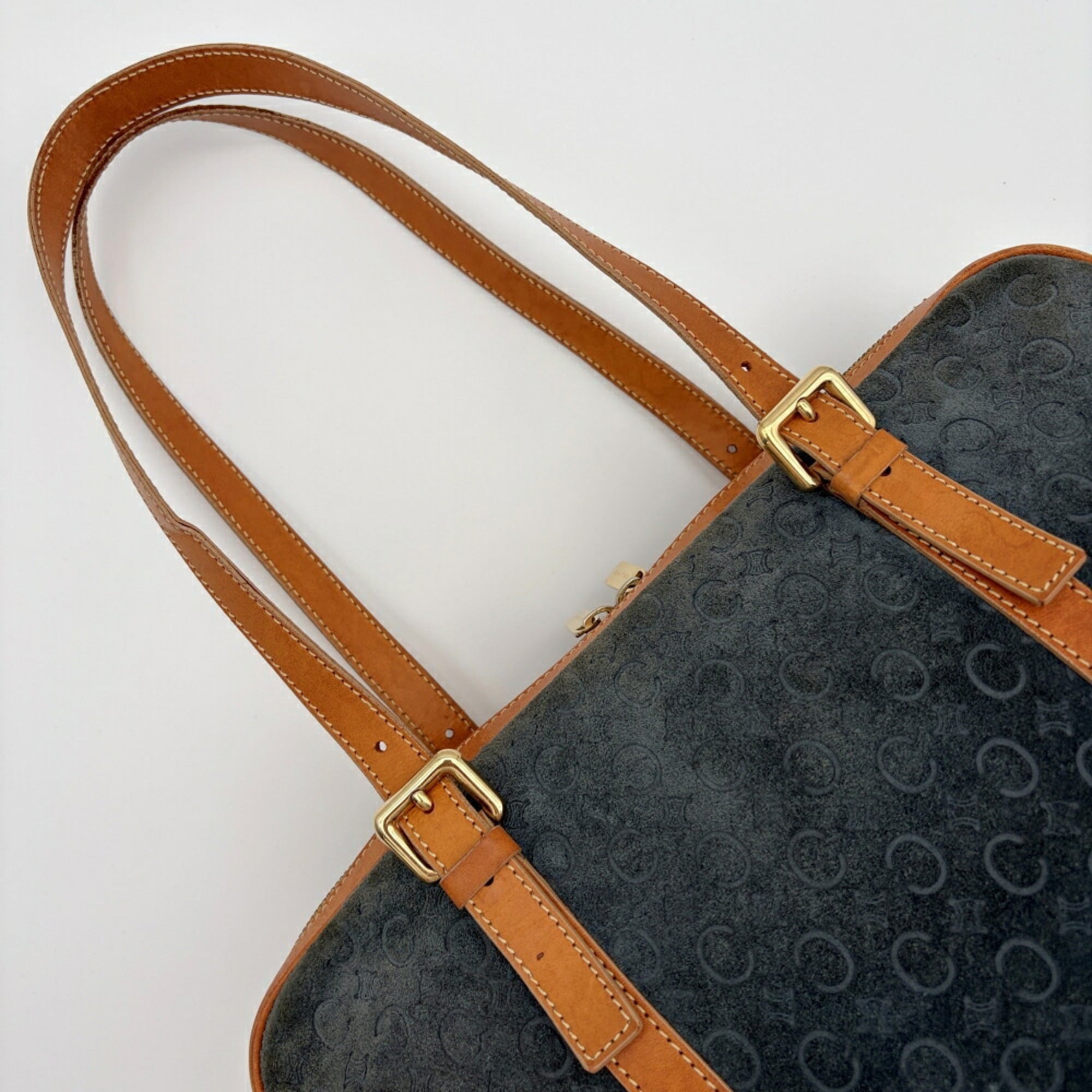 Celine Macadam Brown Navy Suede Leather Boston Bag (Pre-Owned)