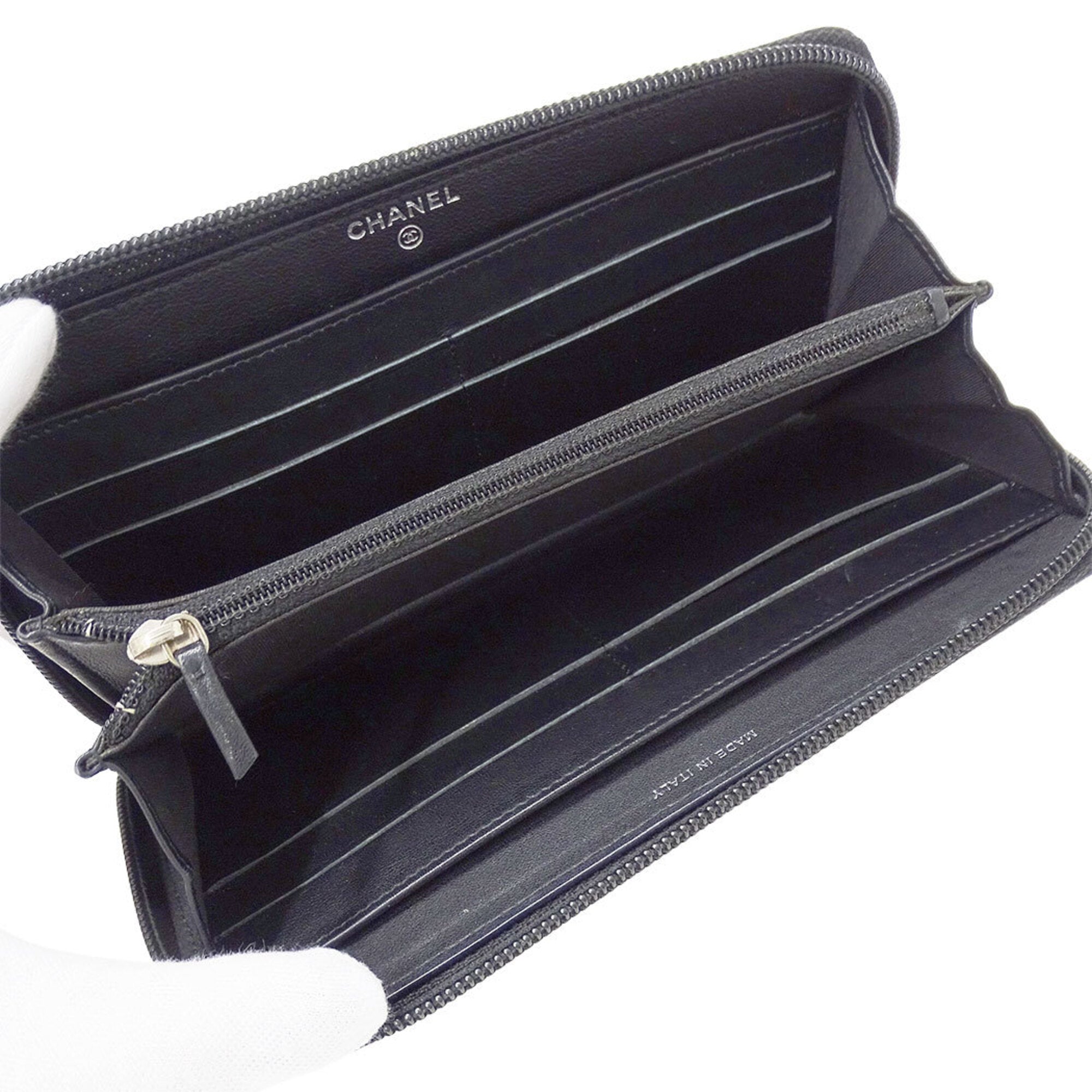 Chanel Black Grained Calfskin Long Wallet (Bi-Fold) (Pre-Owned)