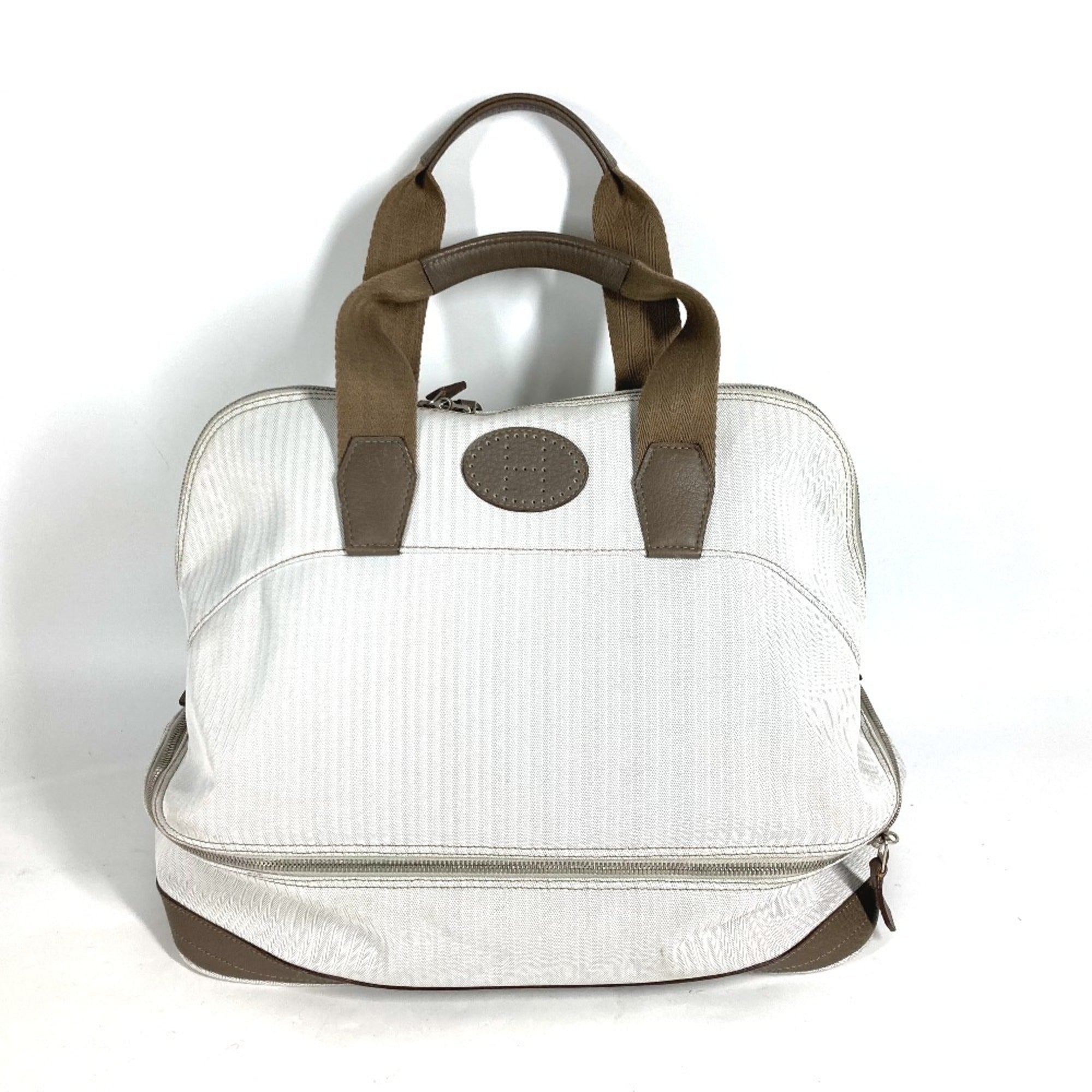 Hermes Beige Etoupe Gray White Toile Chevron Leather Boston Bag Handbag (Pre-Owned)