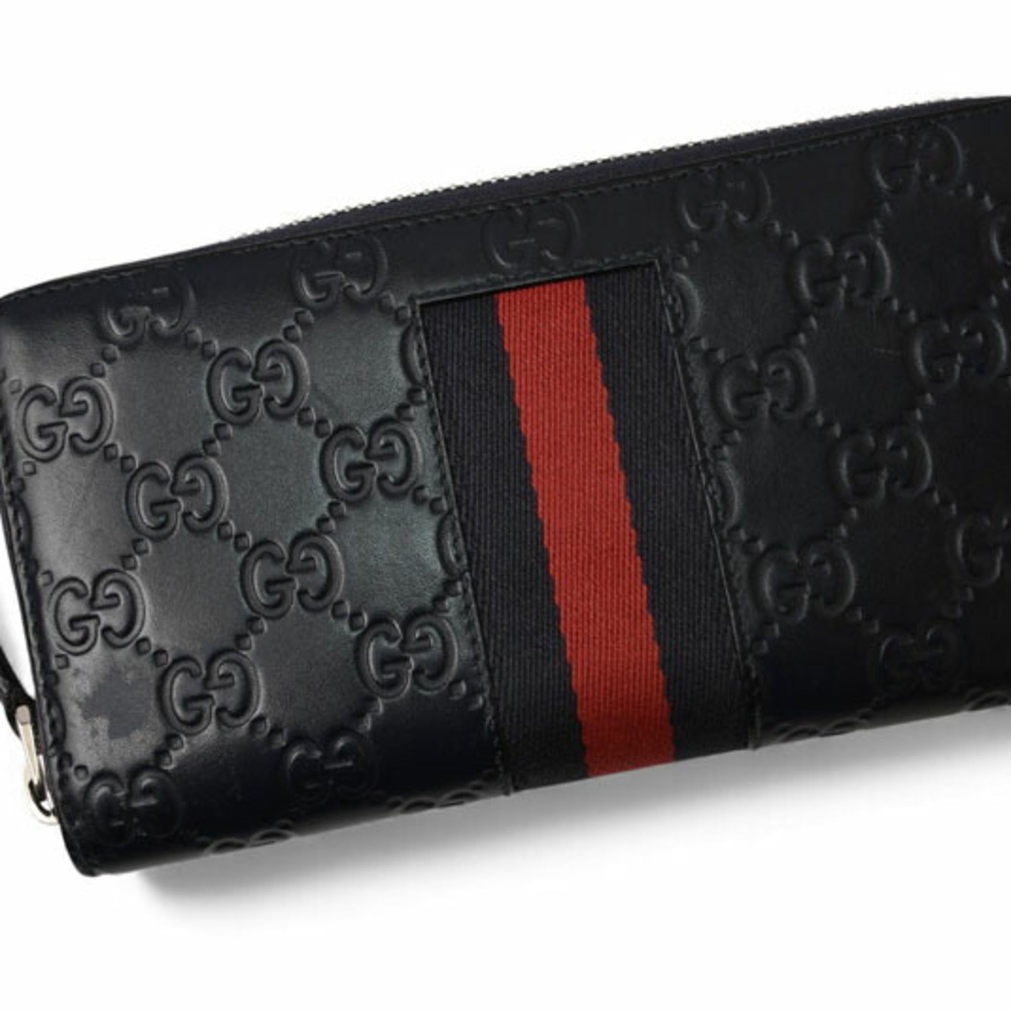 Gucci Dark Navy Red Color Leather Long Wallet (Bi-Fold) (Pre-Owned)