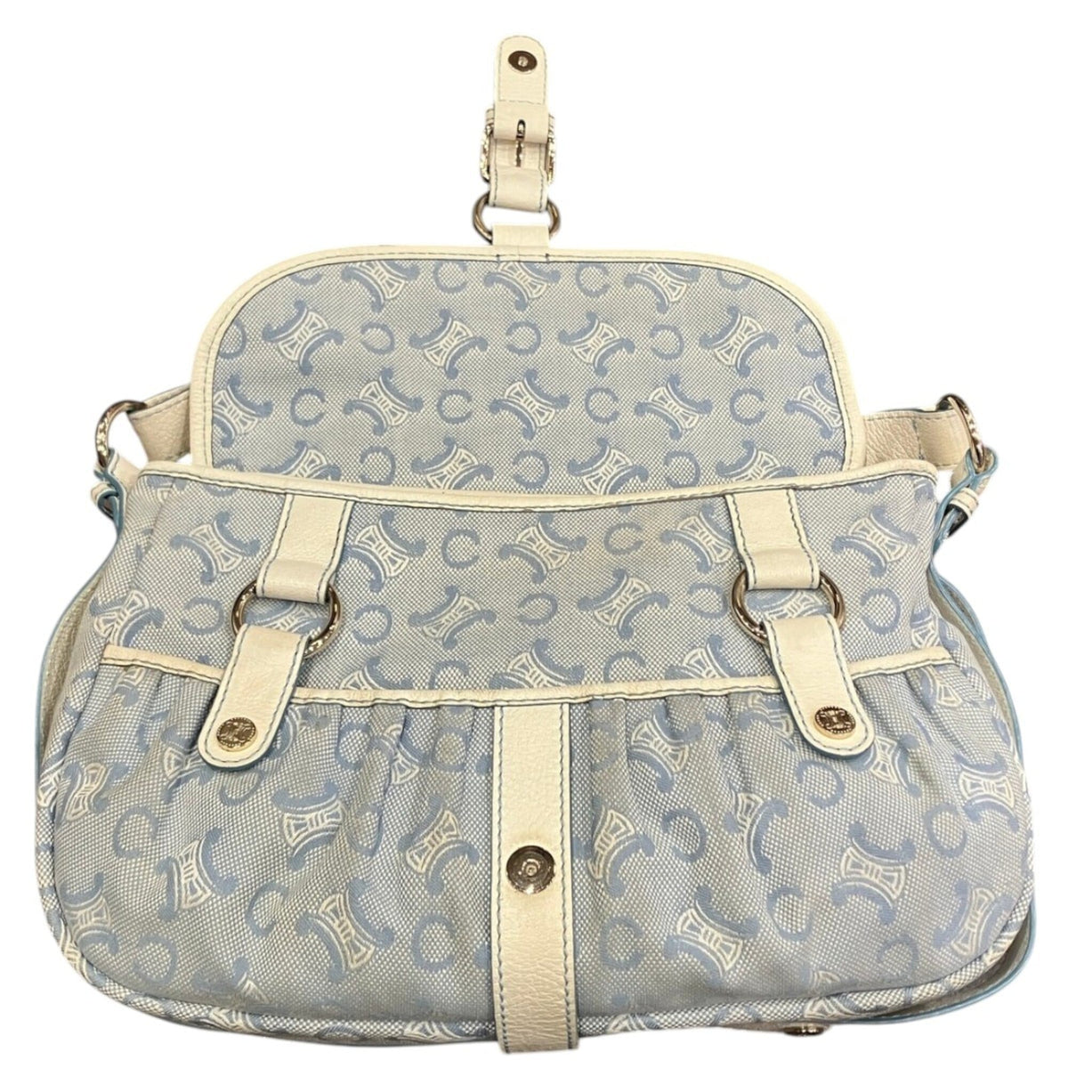 Celine Blue White Canvas Leather Shoulder Bag (Pre-Owned)