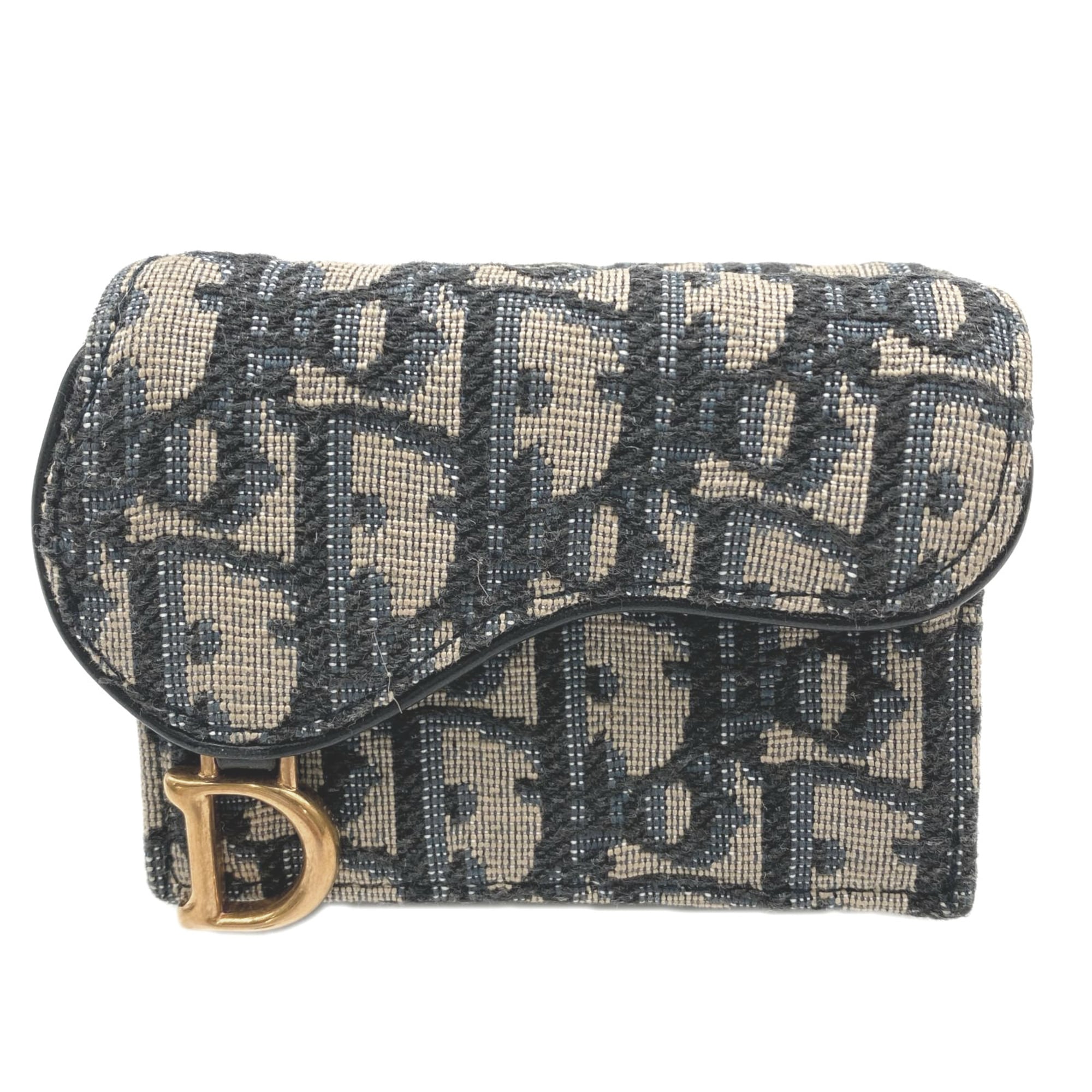 Christian Dior Beige Navy Canvas Leather Wallet (Tri-Fold) (Pre-Owned)