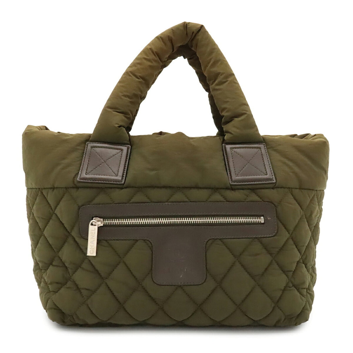 Chanel Green Khaki Nylon Leather Handbag Tote Bag (Pre-Owned)