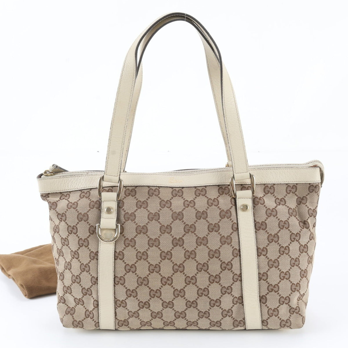 Gucci Beige Leather Canvas Handbag Shoulder Bag Tote Bag (Pre-Owned)