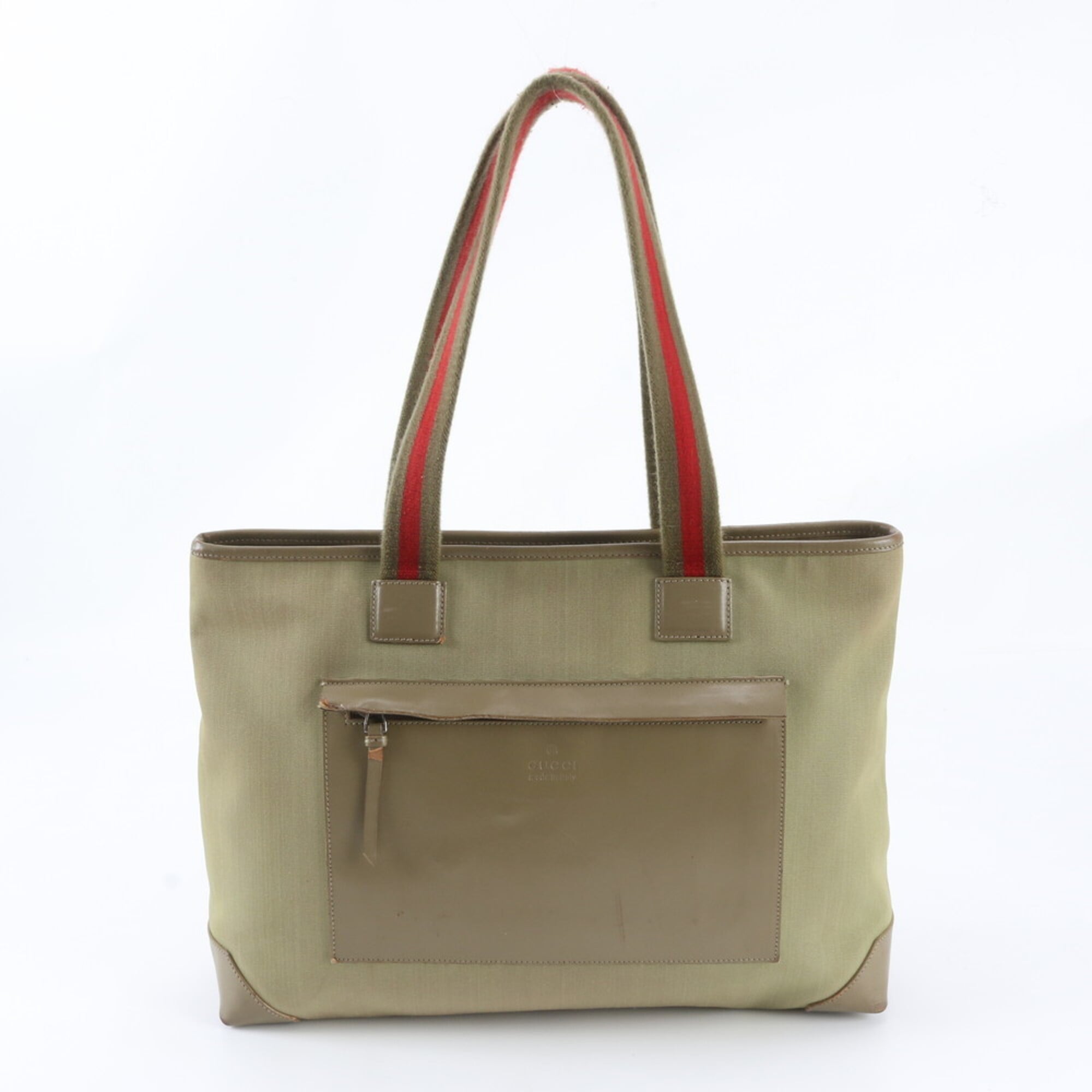 Gucci Green Khaki Leather Nylon Shoulder Bag Tote Bag (Pre-Owned)