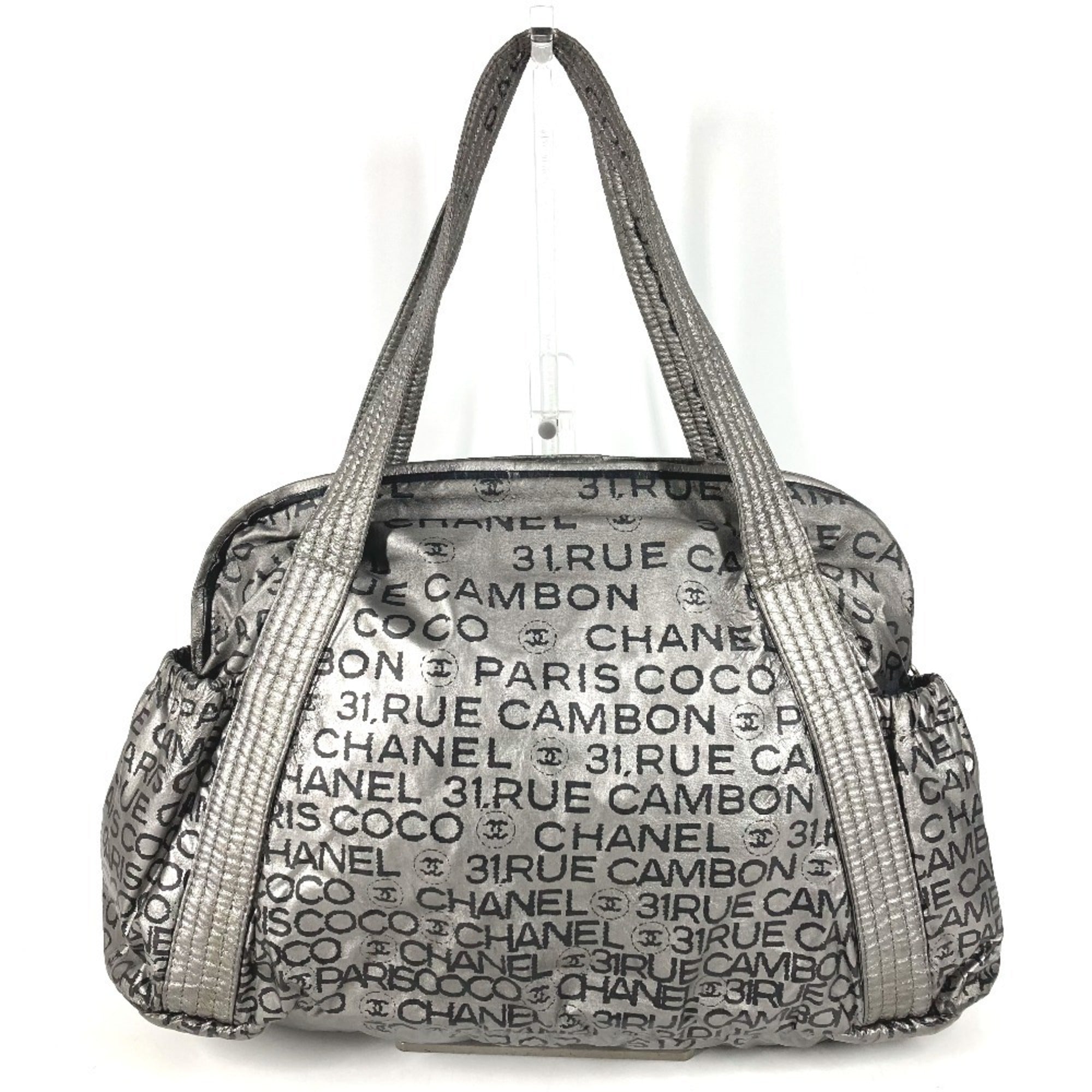 Chanel Black Silver Nylon Canvas Boston Bag Handbag Shoulder Bag Tote Bag (Pre-Owned)