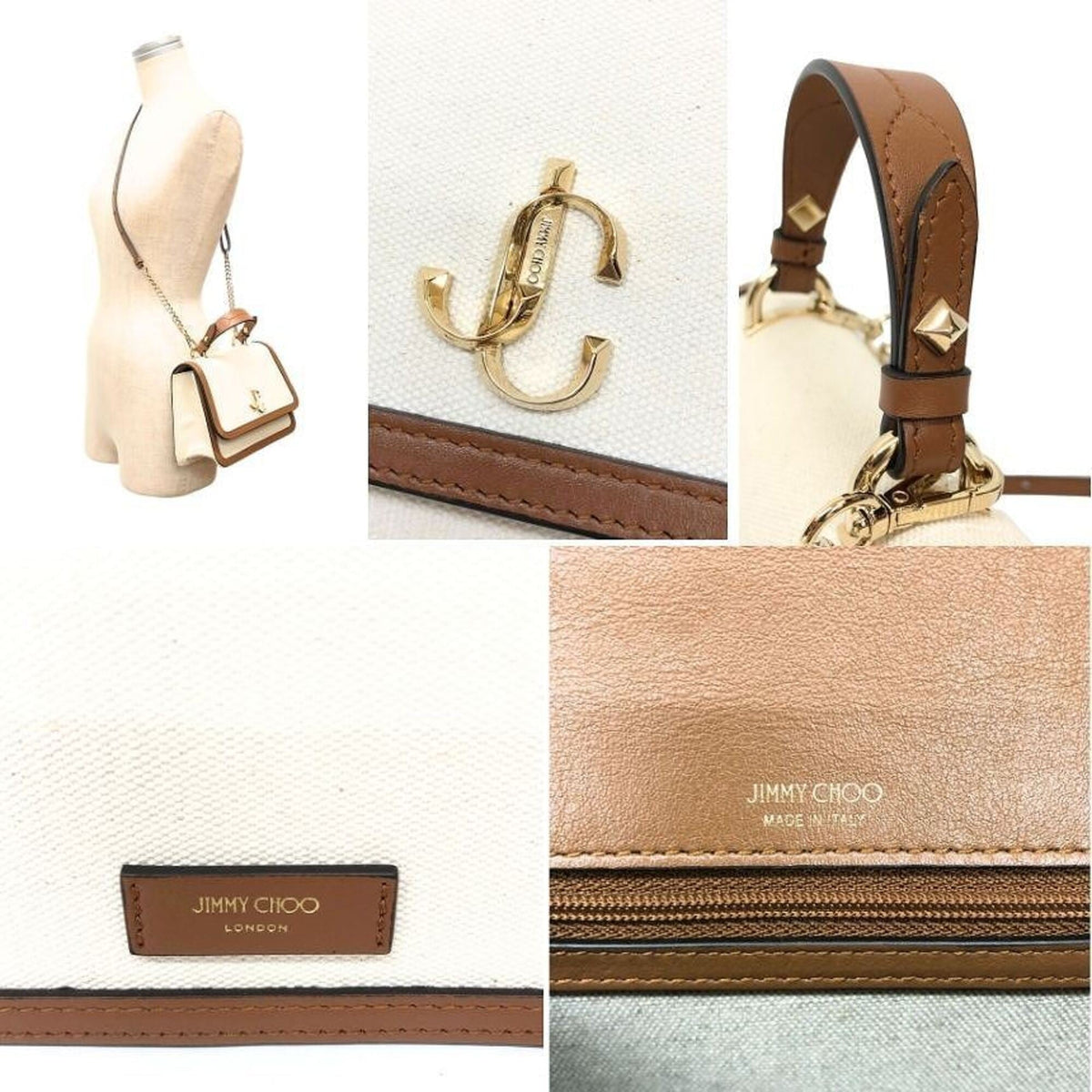 Jimmy Choo Brown Ivory Canvas Leather Handbag Shoulder Bag (Pre-Owned)
