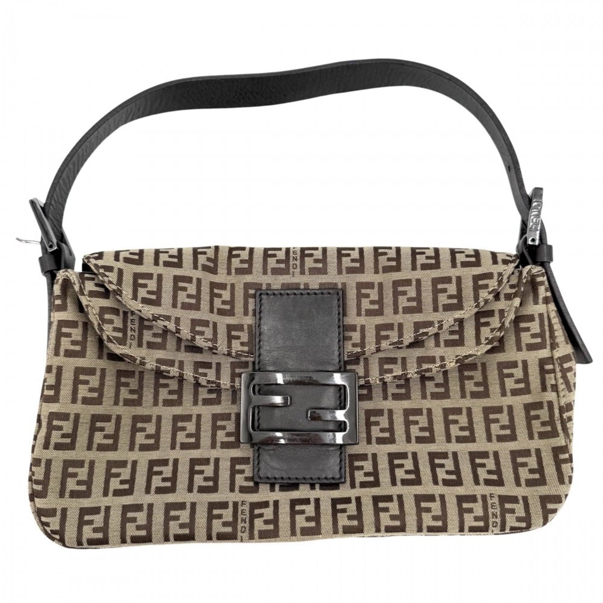 Fendi Beige Brown Gunmetal White Leather Canvas Handbag (Pre-Owned)