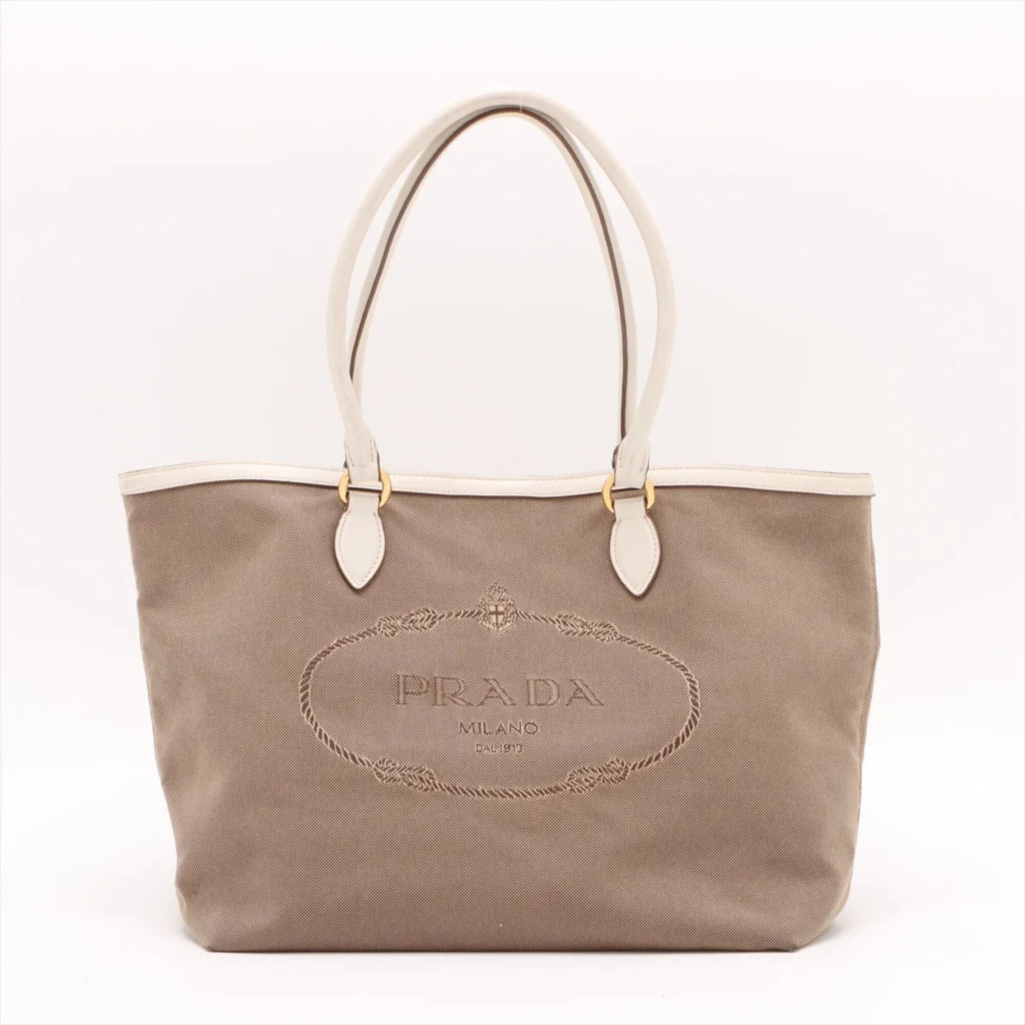 Prada Beige White Canvas Leather Handbag Tote Bag (Pre-Owned)