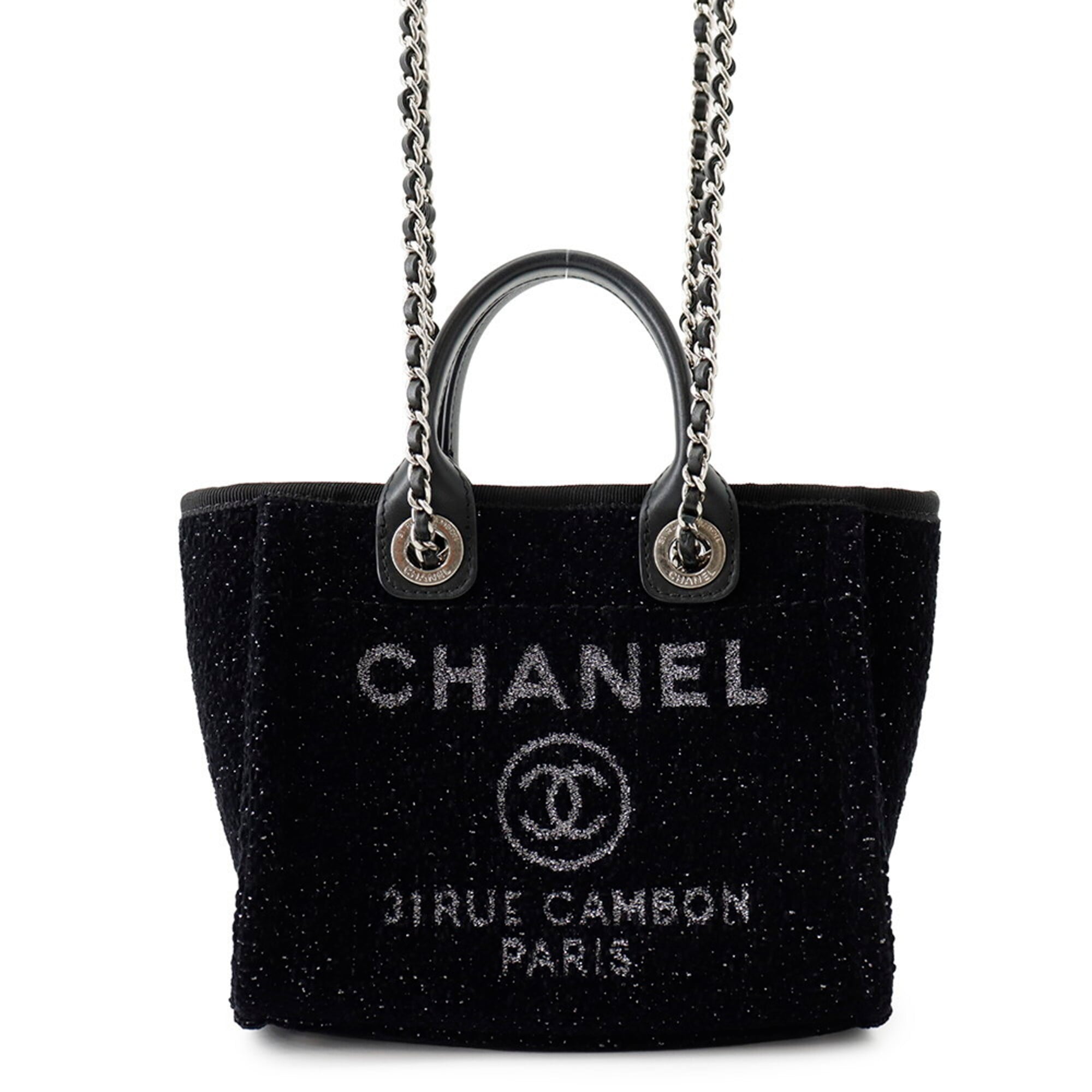 Chanel Black Canvas Leather Handbag Shoulder Bag Tote Bag (Pre-Owned)