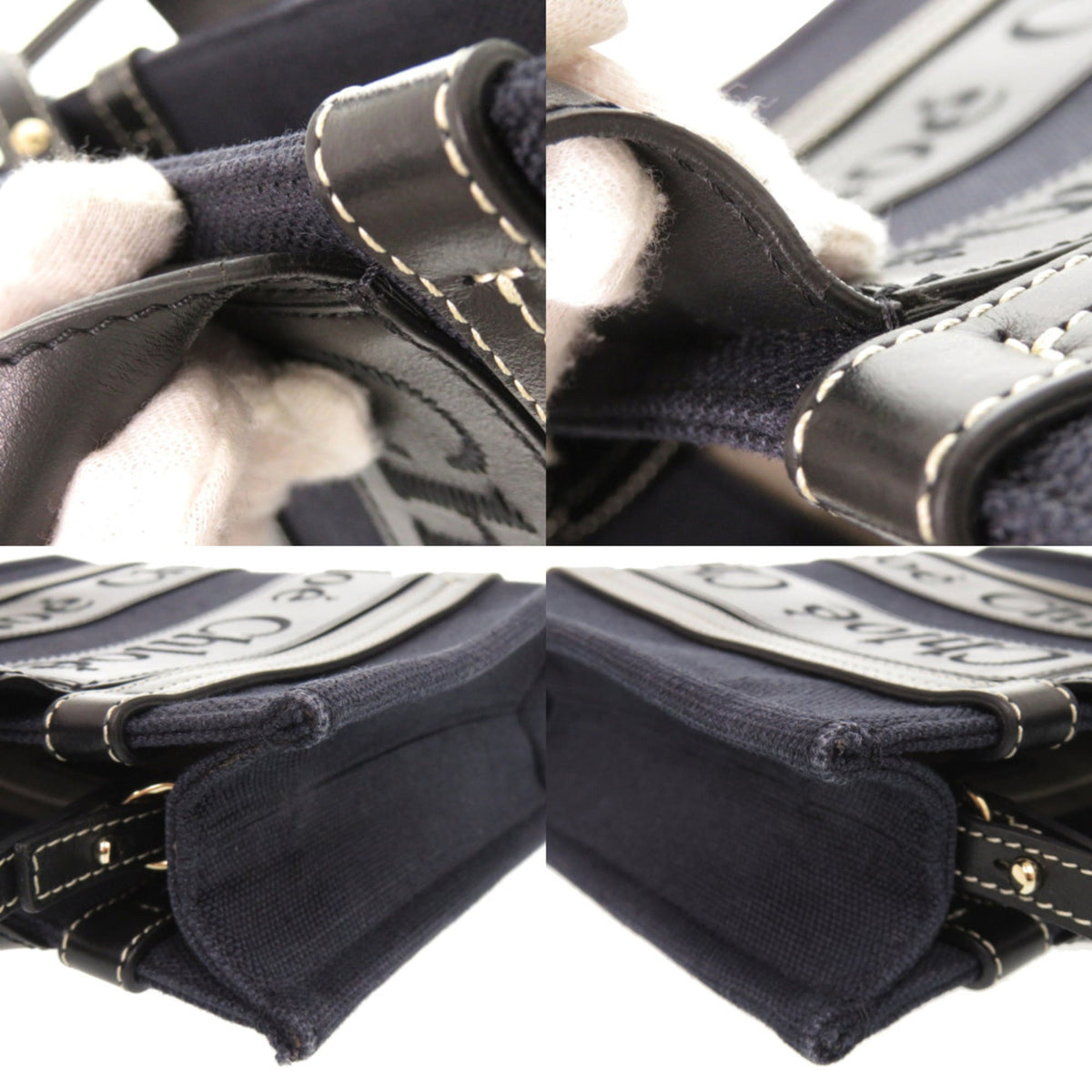 Chloé Black Navy Leather Linen Canvas Handbag Shoulder Bag Tote Bag (Pre-Owned)