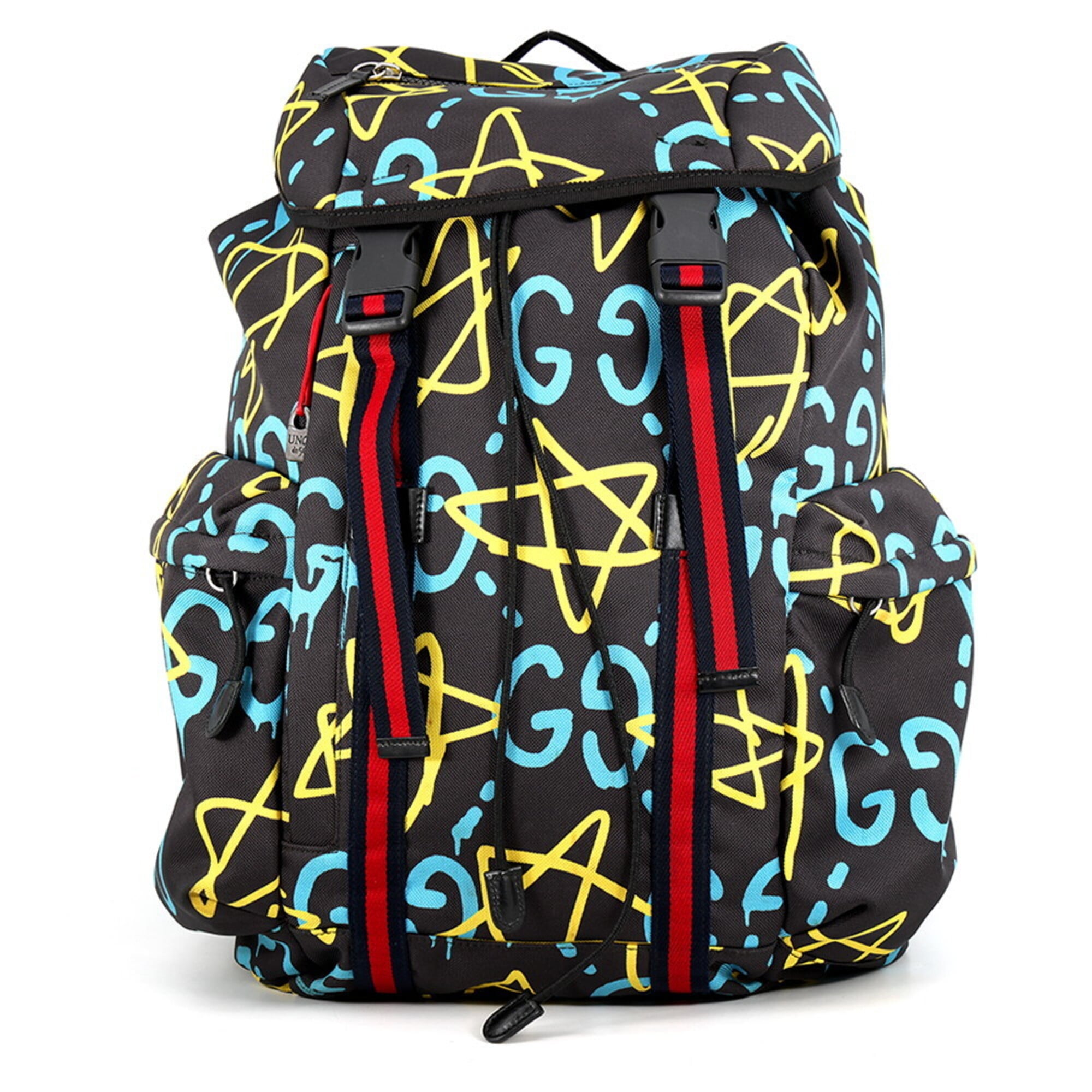 Gucci Black Multi-Color Nylon Canvas Backpack Handbag (Pre-Owned)