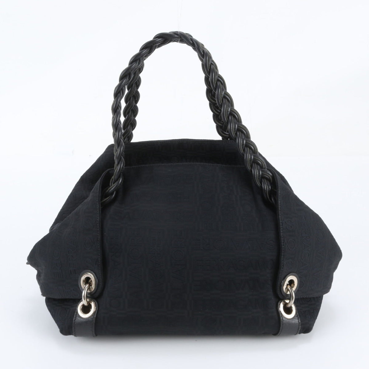 Salvatore Ferragamo Black Leather Canvas Handbag Shoulder Bag Tote Bag (Pre-Owned)