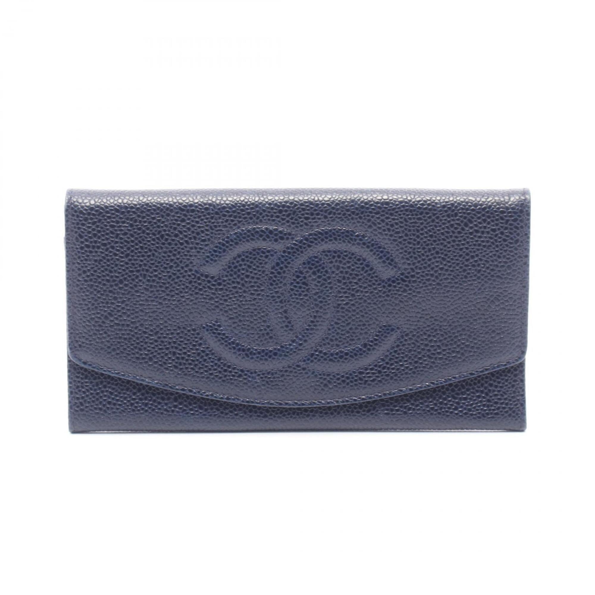 Chanel Navy Leather Long Wallet (Bi-Fold) (Pre-Owned)