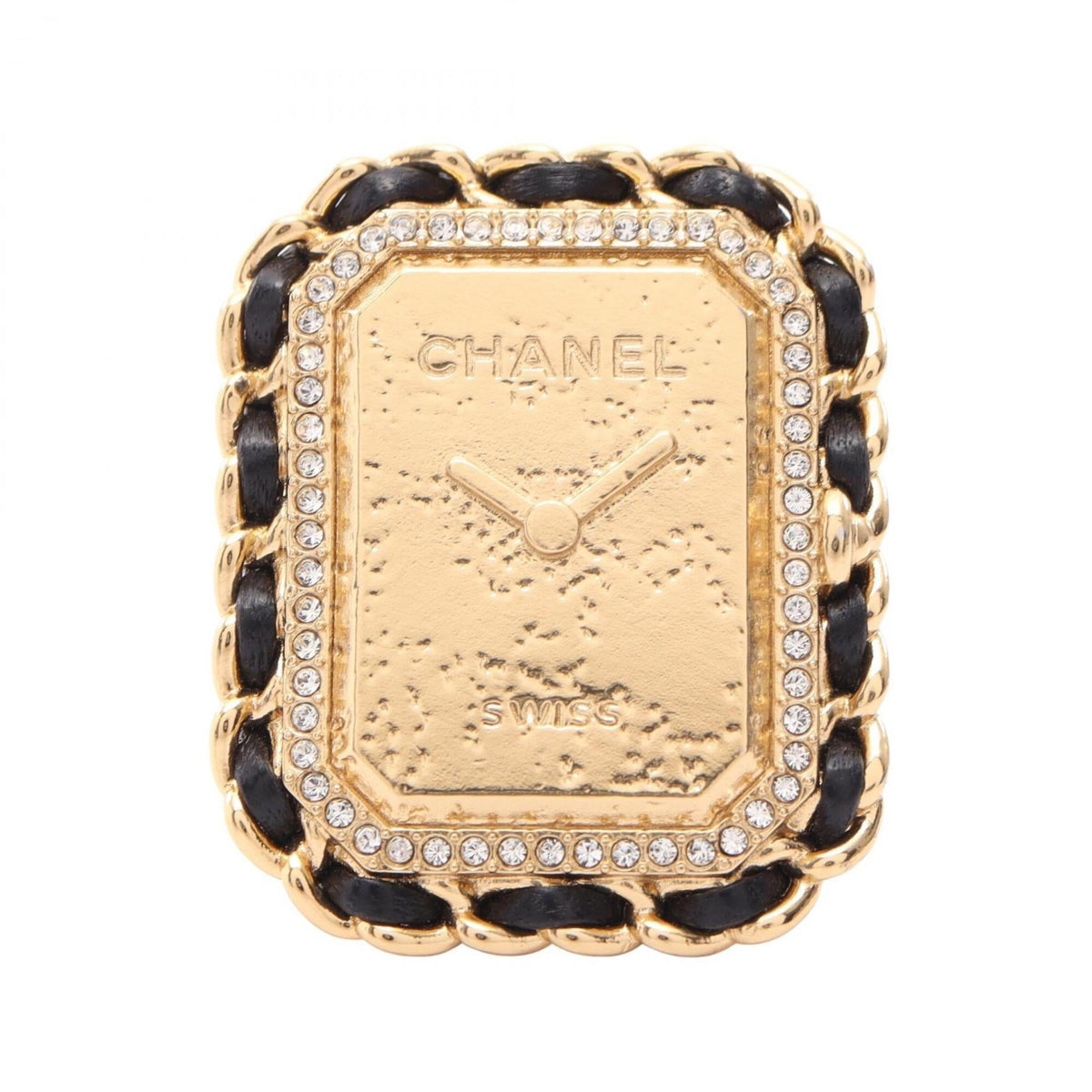 Chanel Gold Black Clear Gold Plating Rhinestone Band Ring (Pre-Owned)