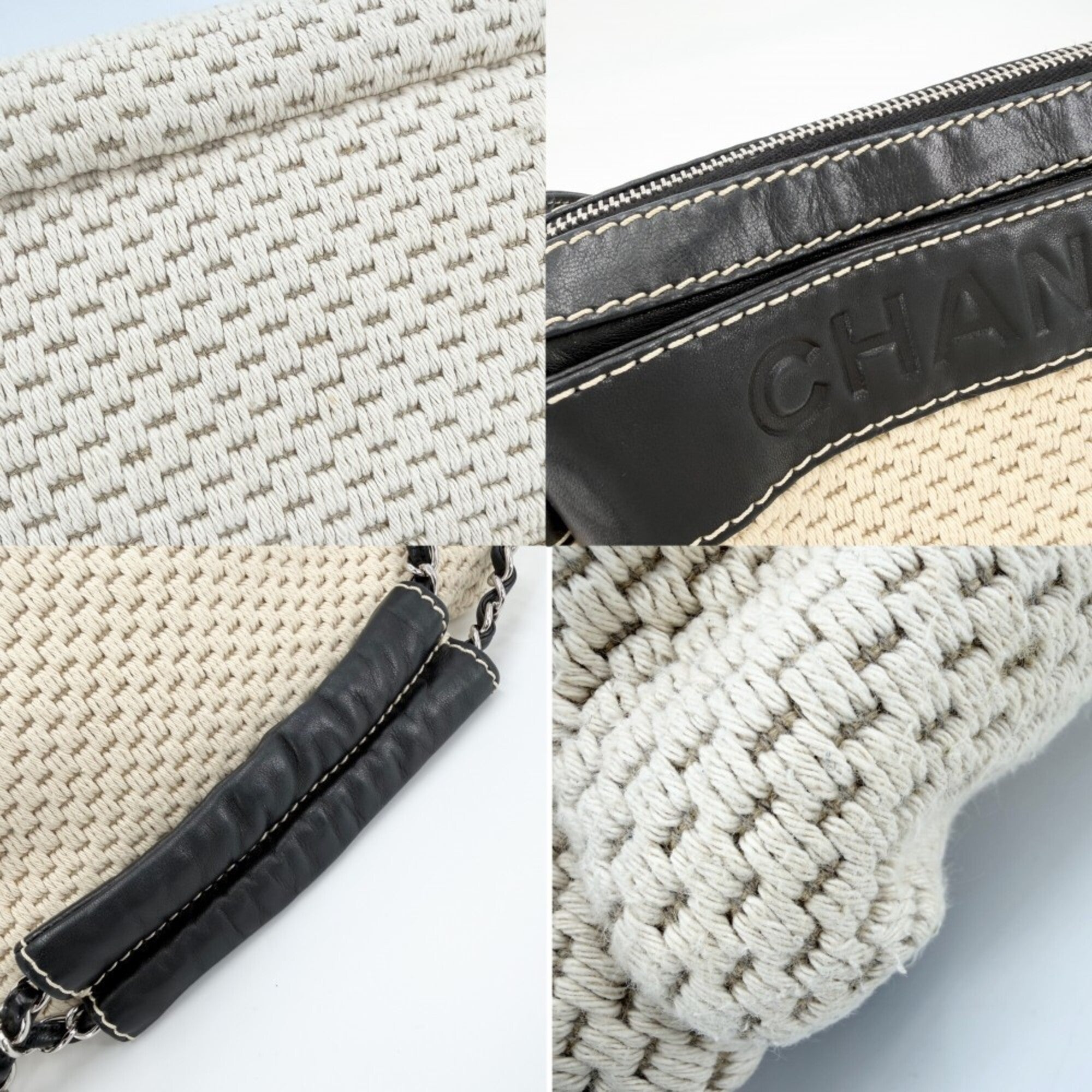 Chanel Beige Black Leather Canvas Handbag (Pre-Owned)
