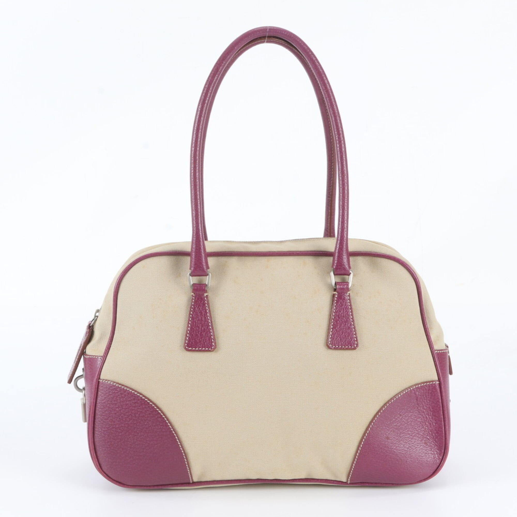 Prada Ivory Purple Leather Canvas Handbag Shoulder Bag (Pre-Owned)
