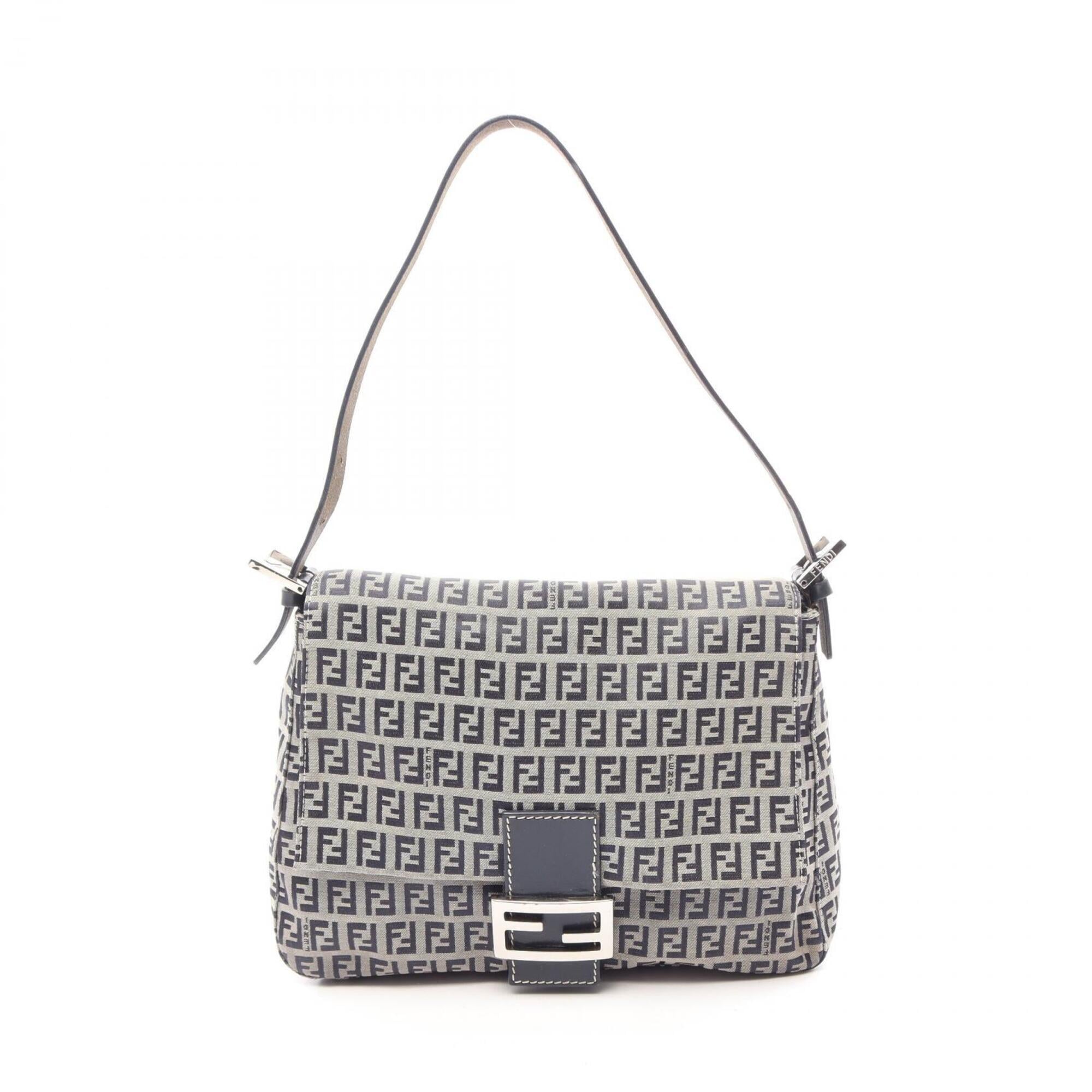 Fendi Gray Navy Canvas Leather Handbag Shoulder Bag (Pre-Owned)