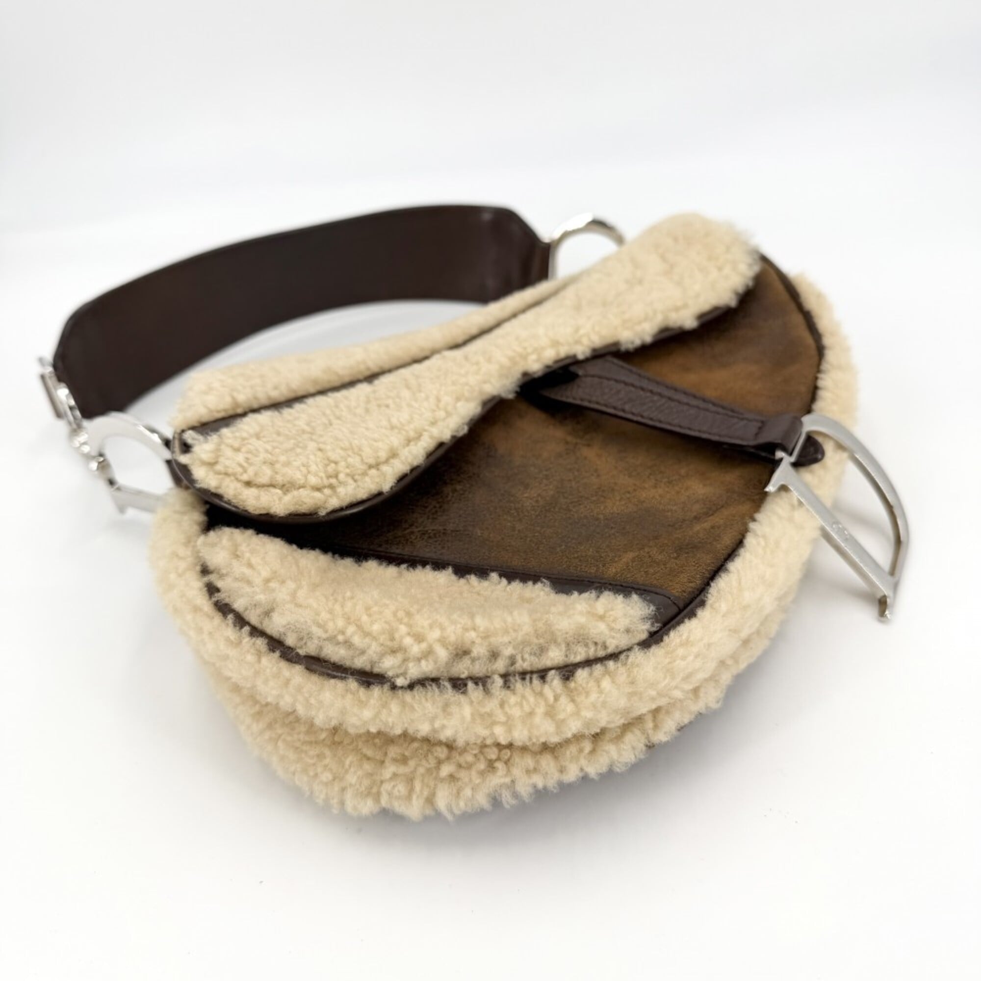 Christian Dior Beige Brown White Leather Handbag Saddle Bag (Pre-Owned)