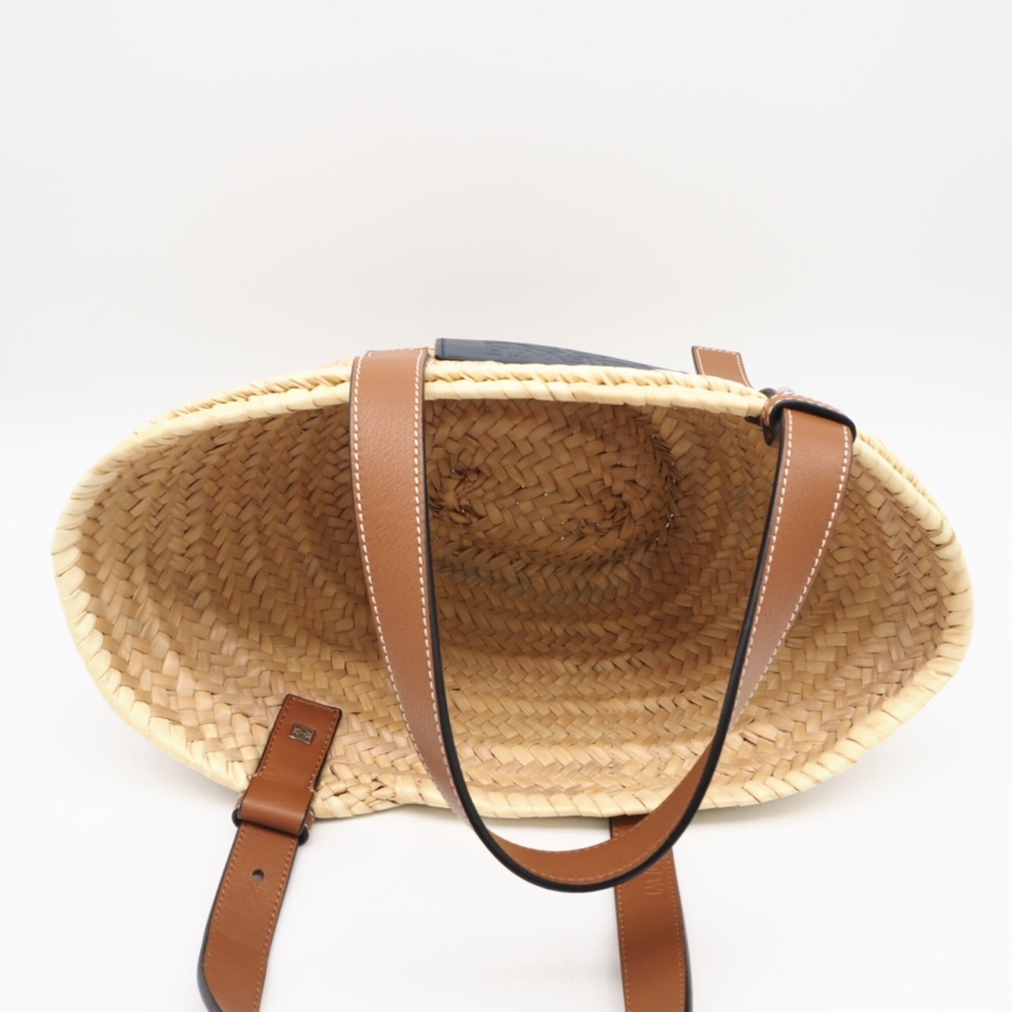 Loewe Beige Brown Navy Raffia Leather Basket Handbag (Pre-Owned)