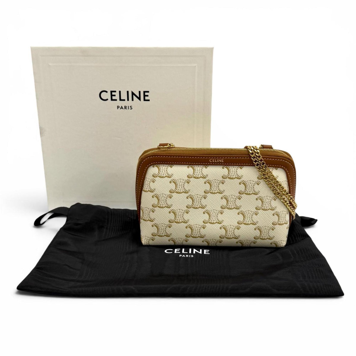 Celine Brown Off-White Canvas Clutch Bag Shoulder Bag (Pre-Owned)